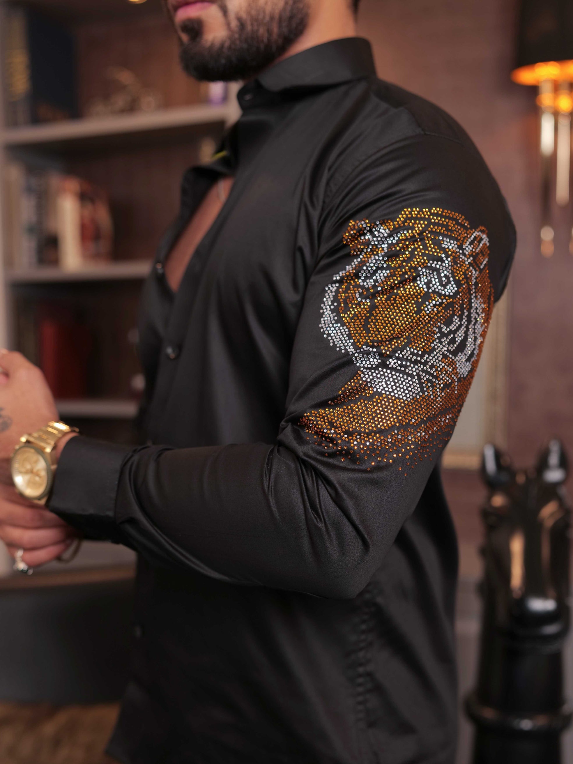 FOOMER BLACK STARRY BEADED TIGER  CLUB WEAR SATIN COTTON SHIRT FOR MEN'S
