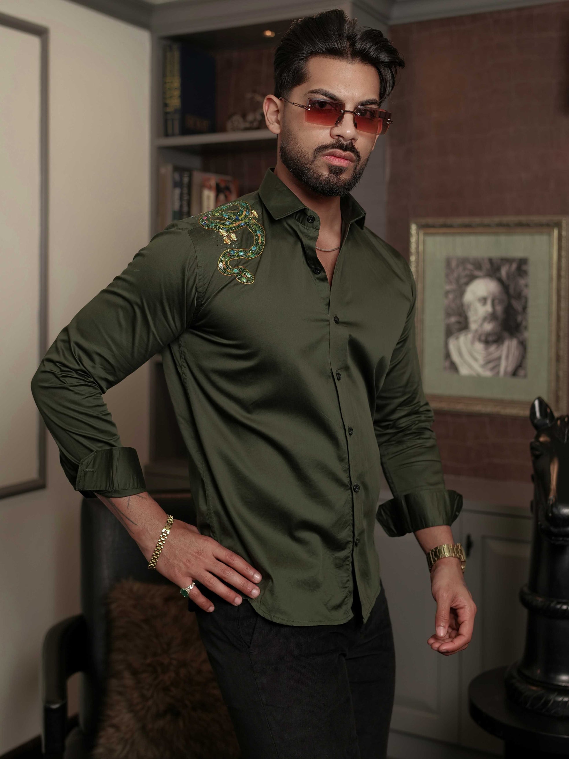 FOOMER OLIVE RHINESTONE HAND WORK SATIN COTTON PREMIUM SHIRT