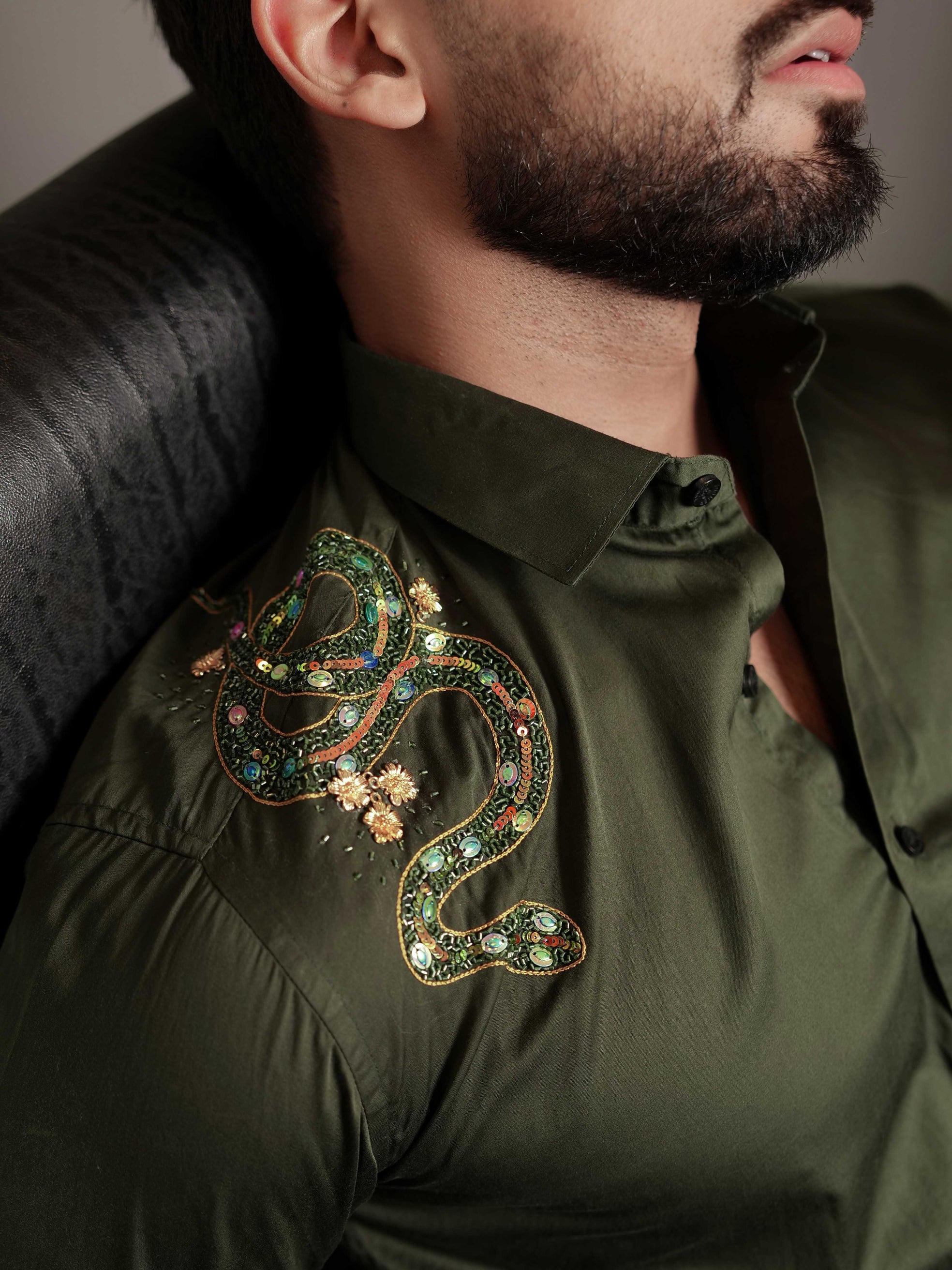 FOOMER OLIVE RHINESTONE HAND WORK SATIN COTTON PREMIUM SHIRT