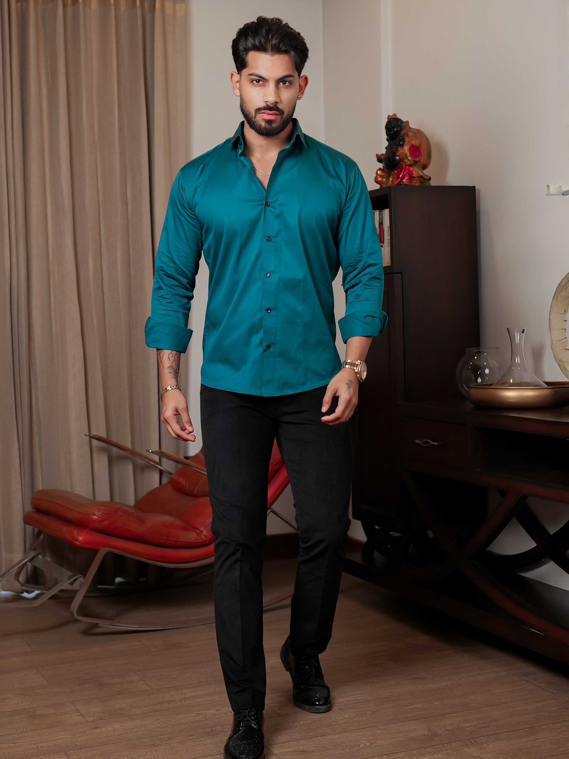 FOOMER FORMY DARK GREEN LUXURY SATIN SHIRT FOR MEN'S