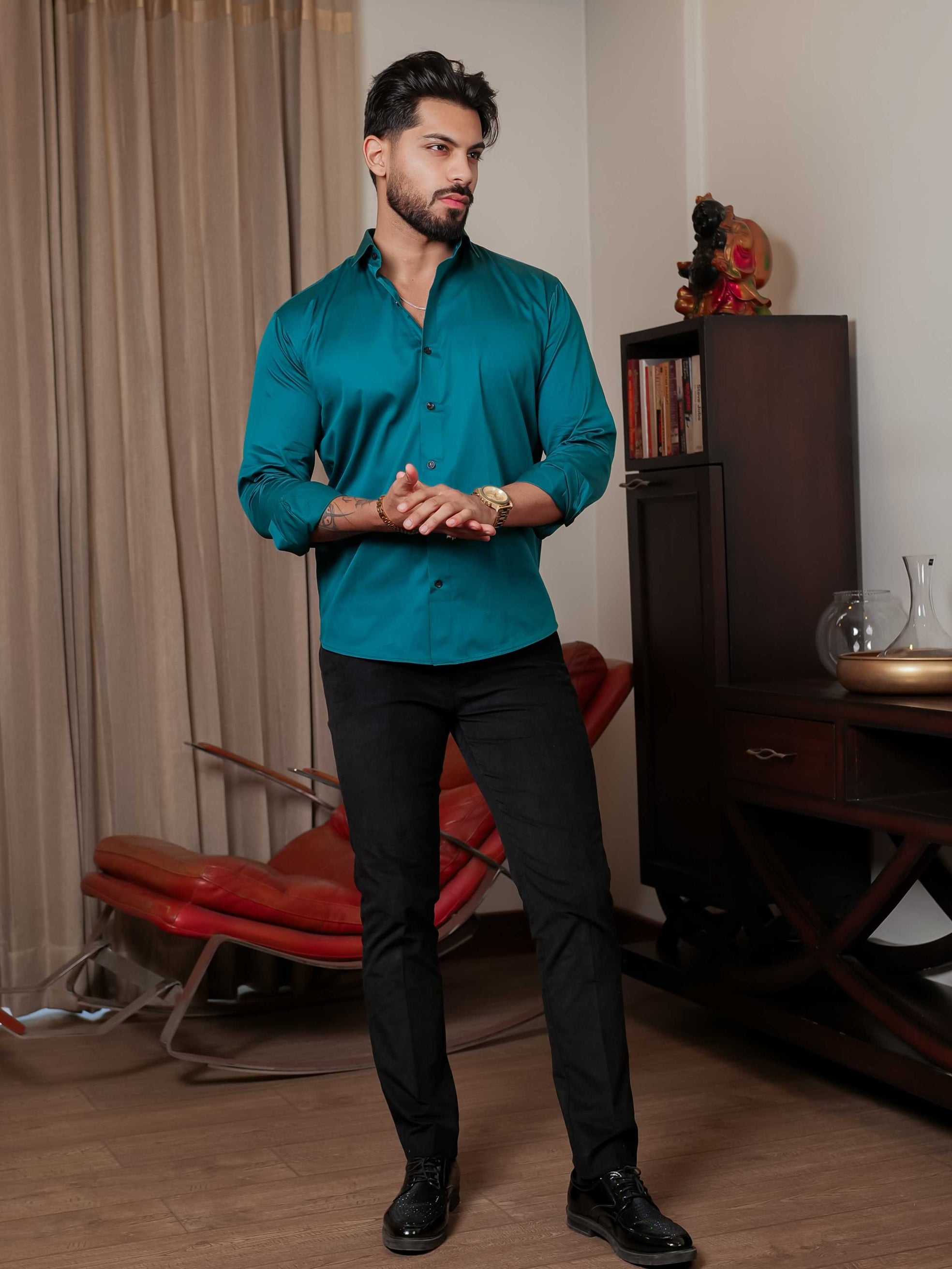 FOOMER FORMY DARK GREEN LUXURY SATIN SHIRT FOR MEN'S