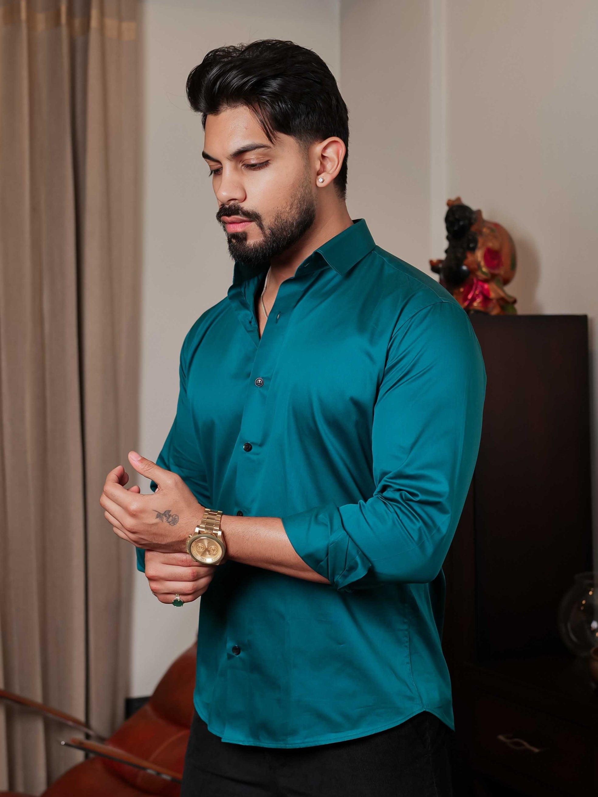 FOOMER FORMY DARK GREEN LUXURY SATIN SHIRT FOR MEN'S