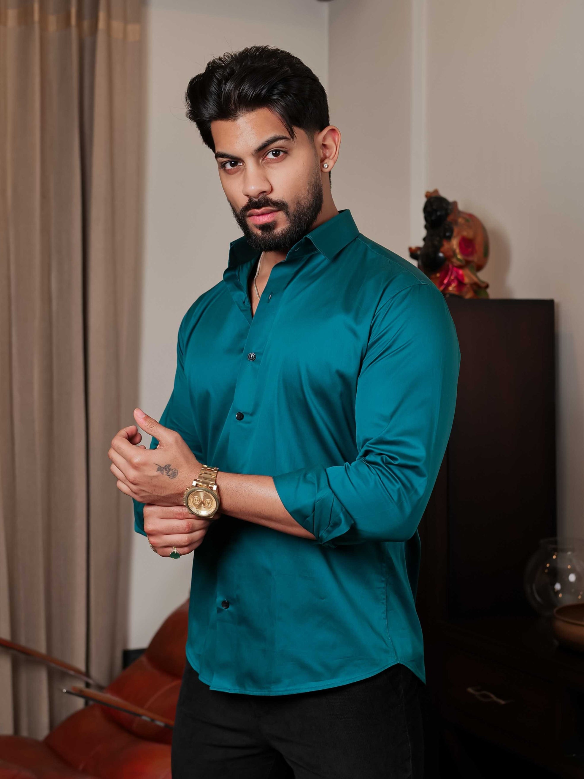 FOOMER FORMY DARK GREEN LUXURY SATIN SHIRT FOR MEN'S