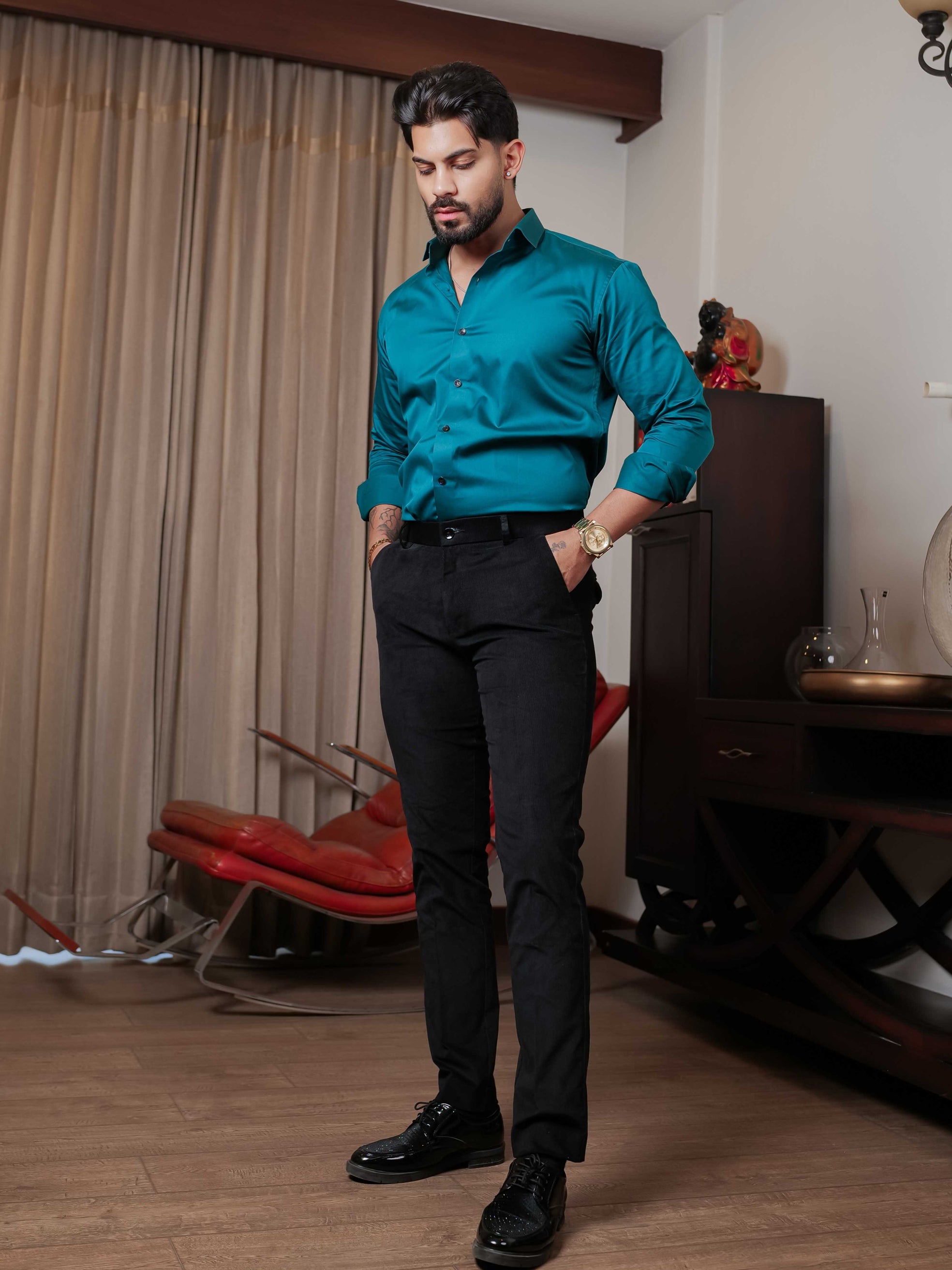 FOOMER FORMY DARK GREEN LUXURY SATIN SHIRT FOR MEN'S