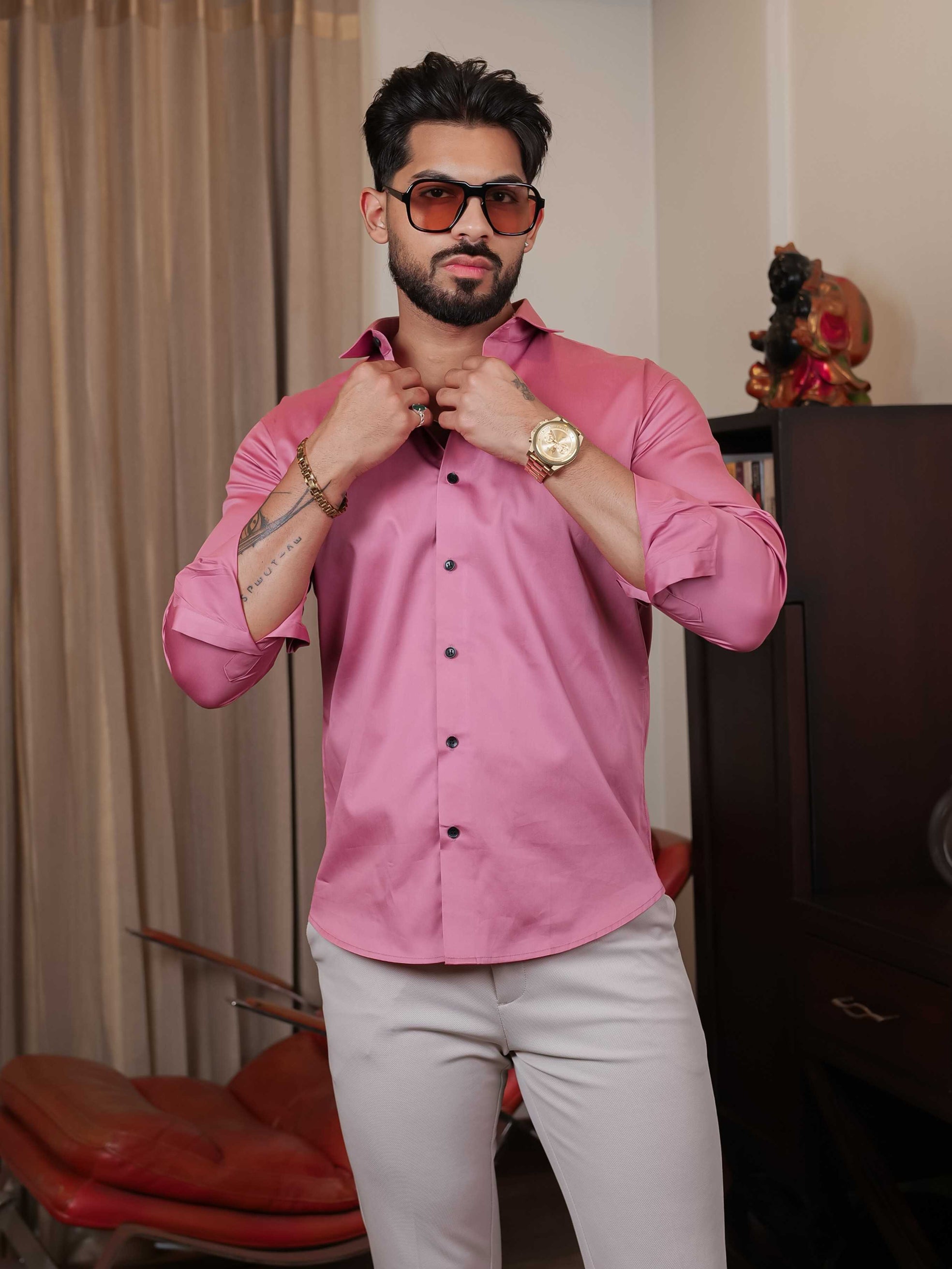 FOOMER FORMY DARK PINK LUXURY SATIN SHIRT FOR MEN'S