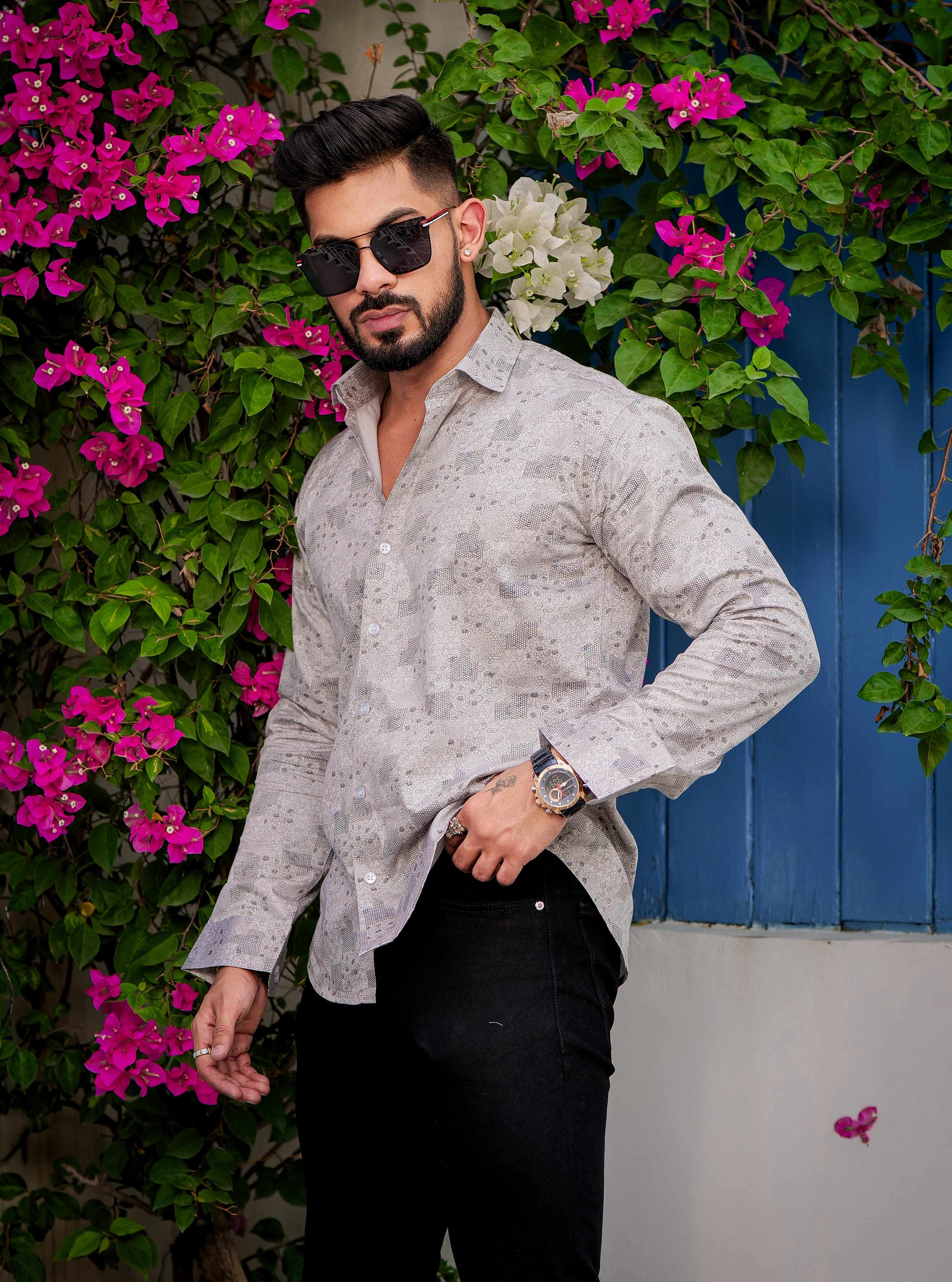 Grey Satin Print Premium Shirt