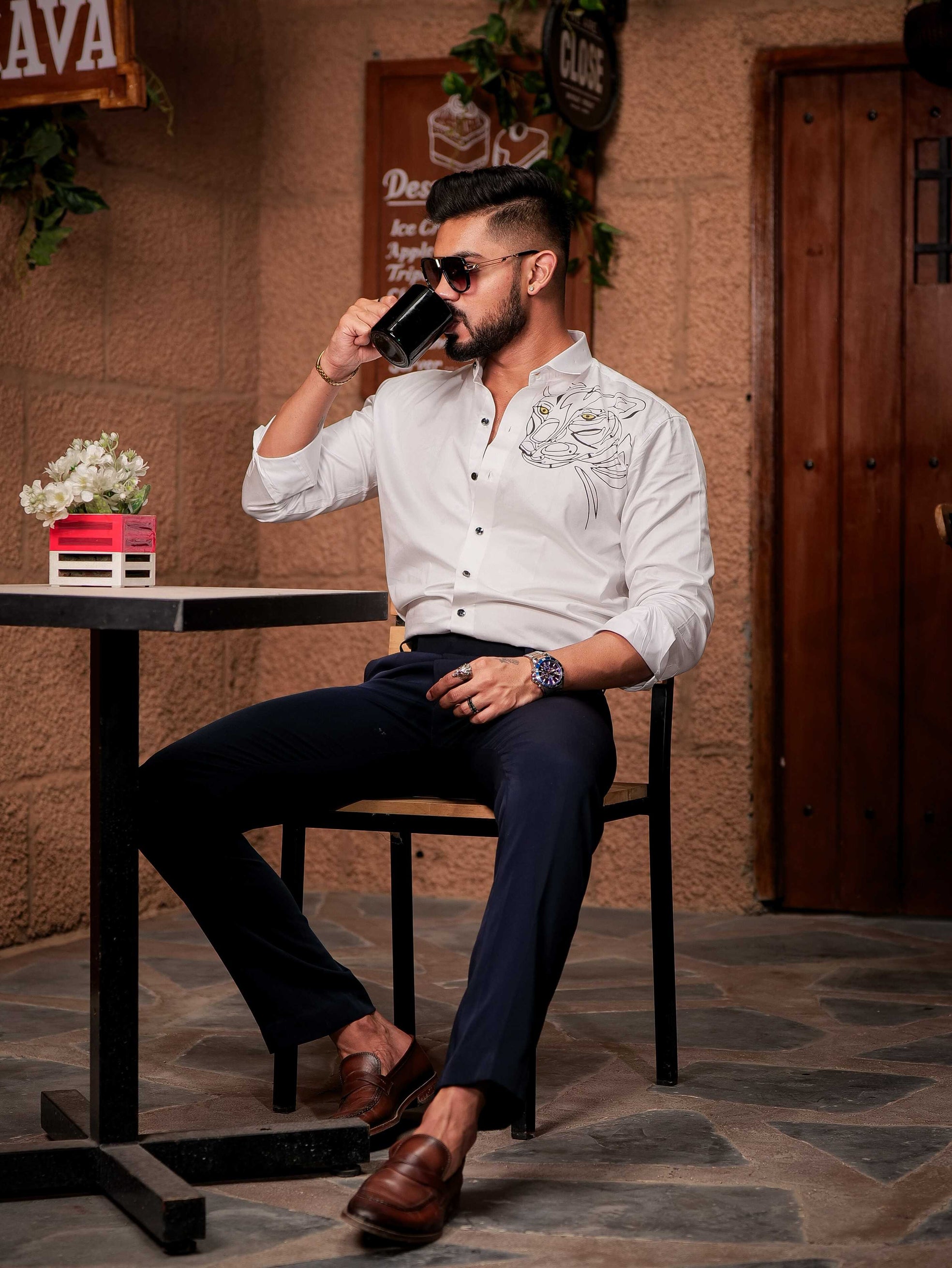 White Club Wear Printed Satin Cotton Shirt