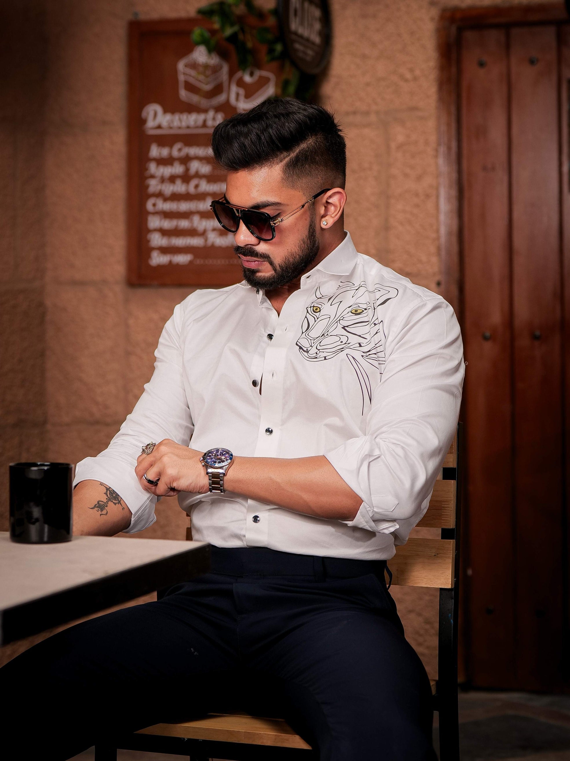 White Club Wear Printed Satin Cotton Shirt