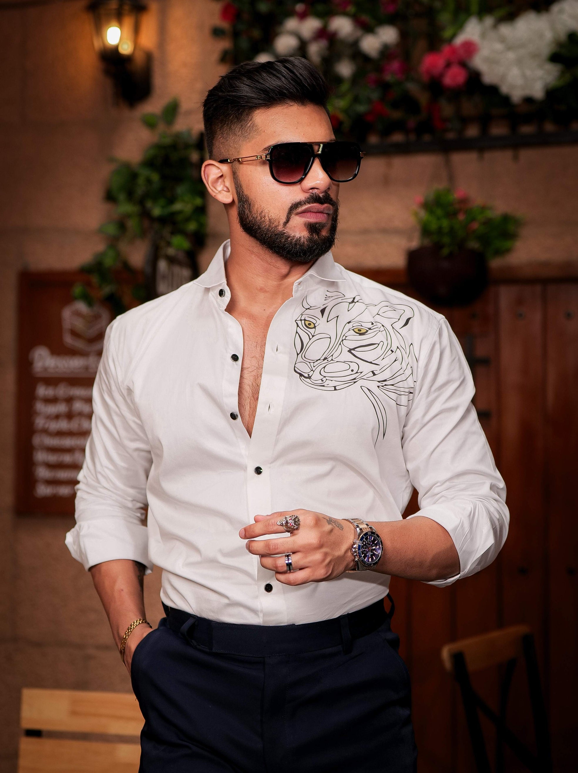 White Club Wear Printed Satin Cotton Shirt