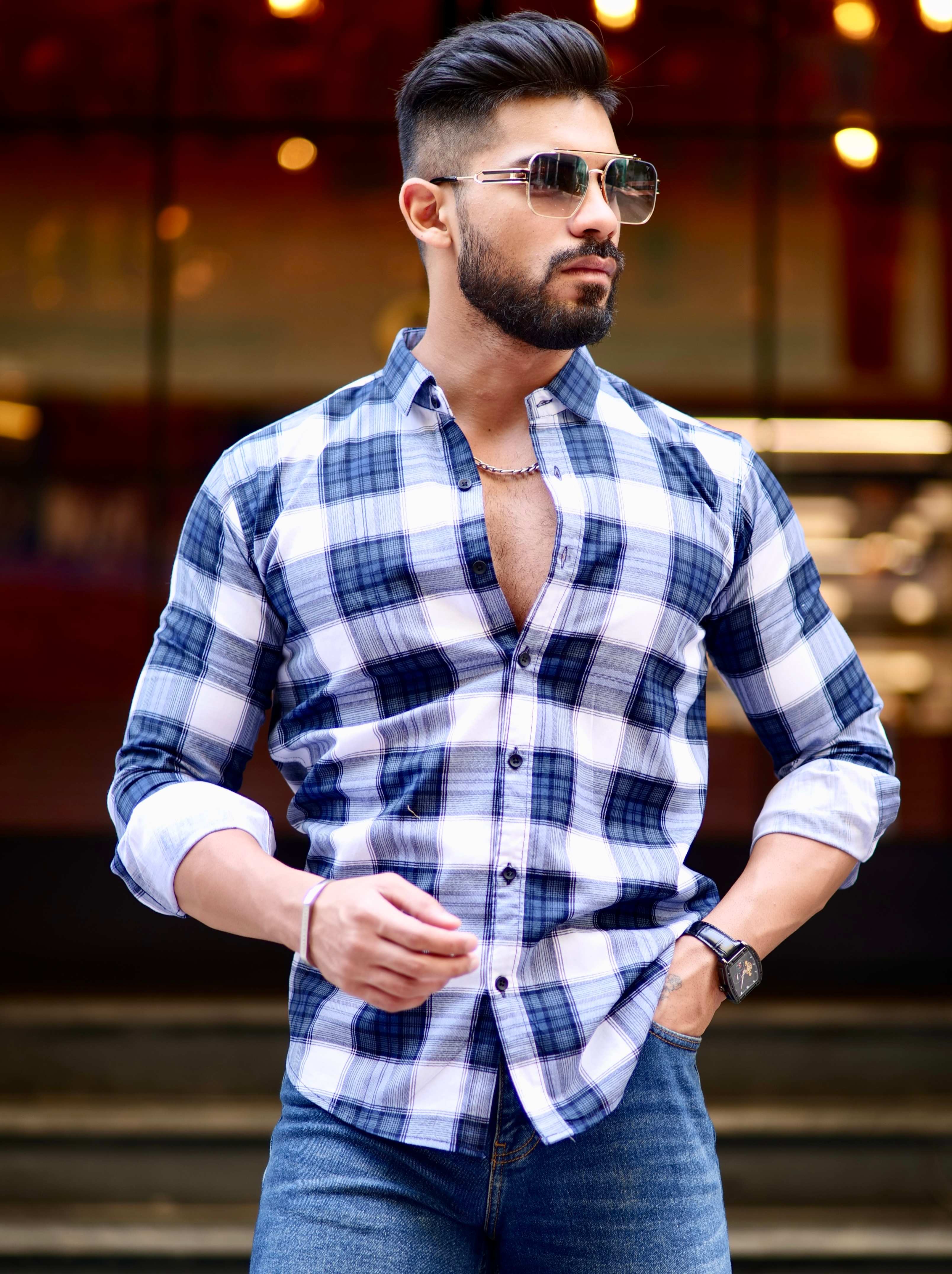 White And Blue Check Printed Cotton Shirt For Men&#39;s