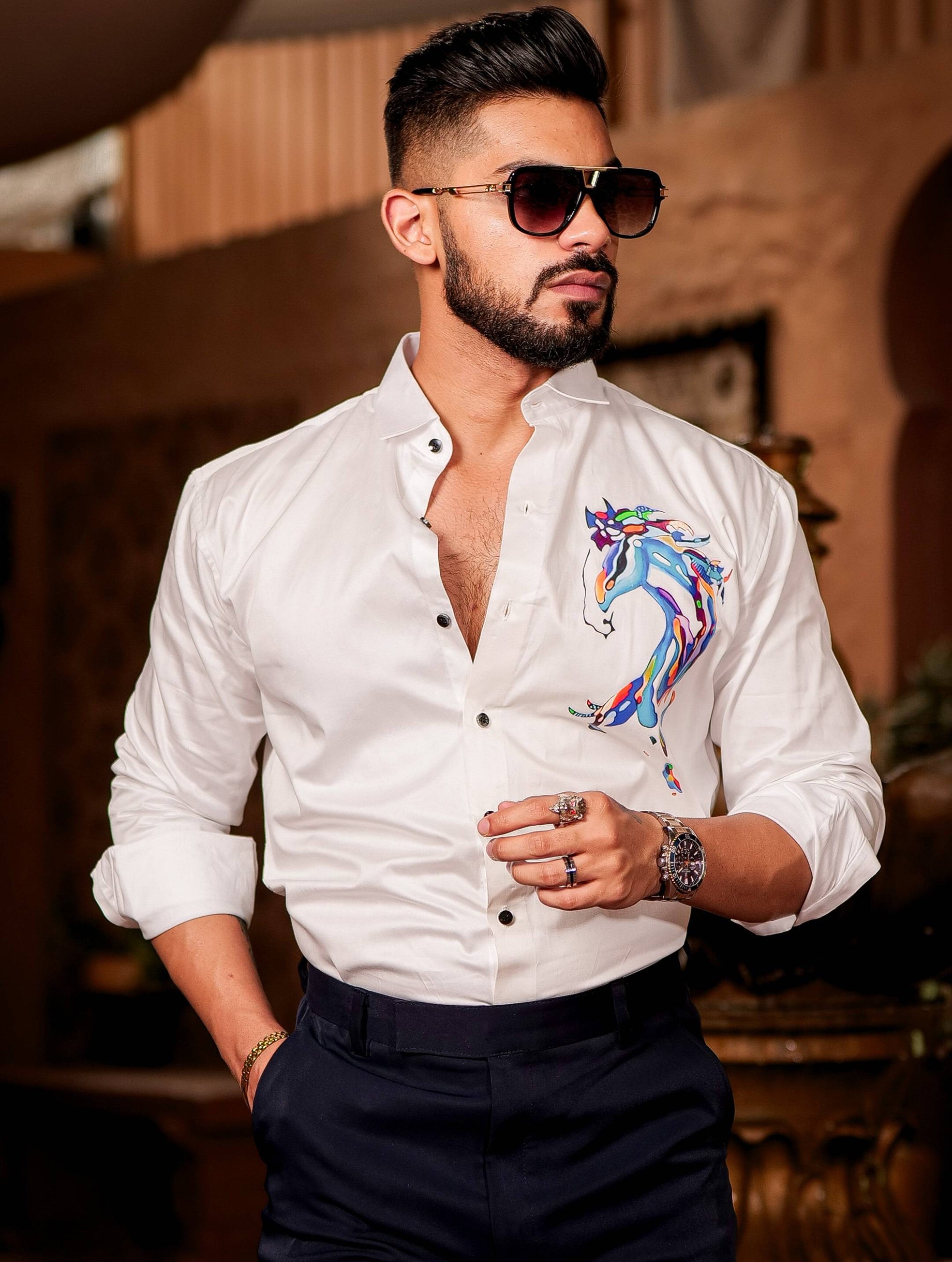 White Club Horse Printed Satin Cotton Shirt