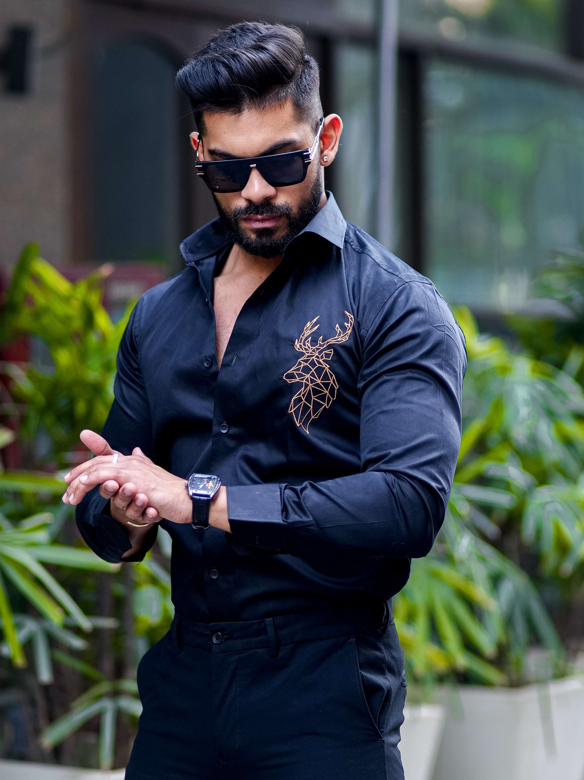 Deer Embroidered Black Golden Premium Cotton Shirt