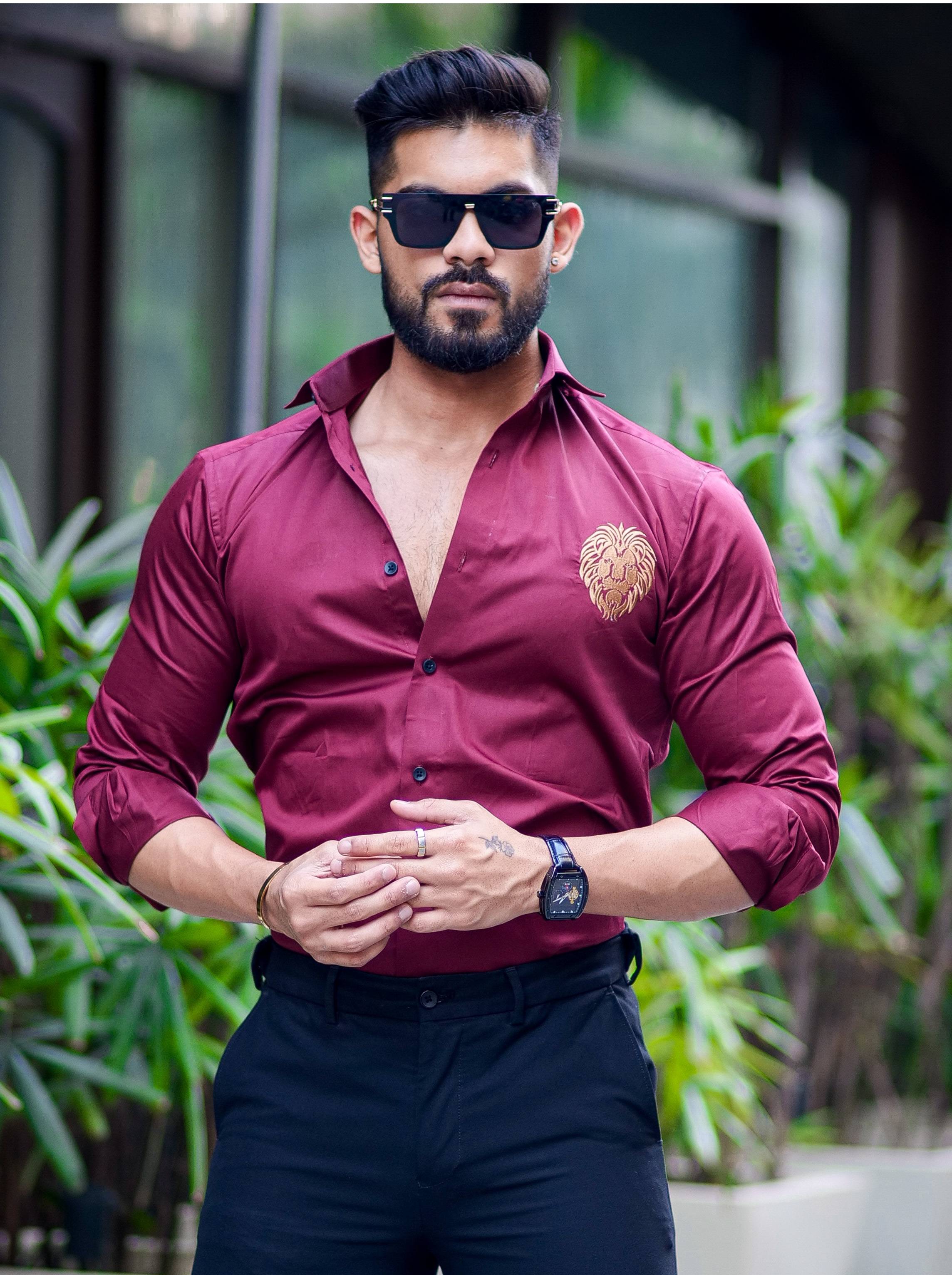 Maroon  Golden Embroidered Mufasa Luxury Shirt For Men&#39;s