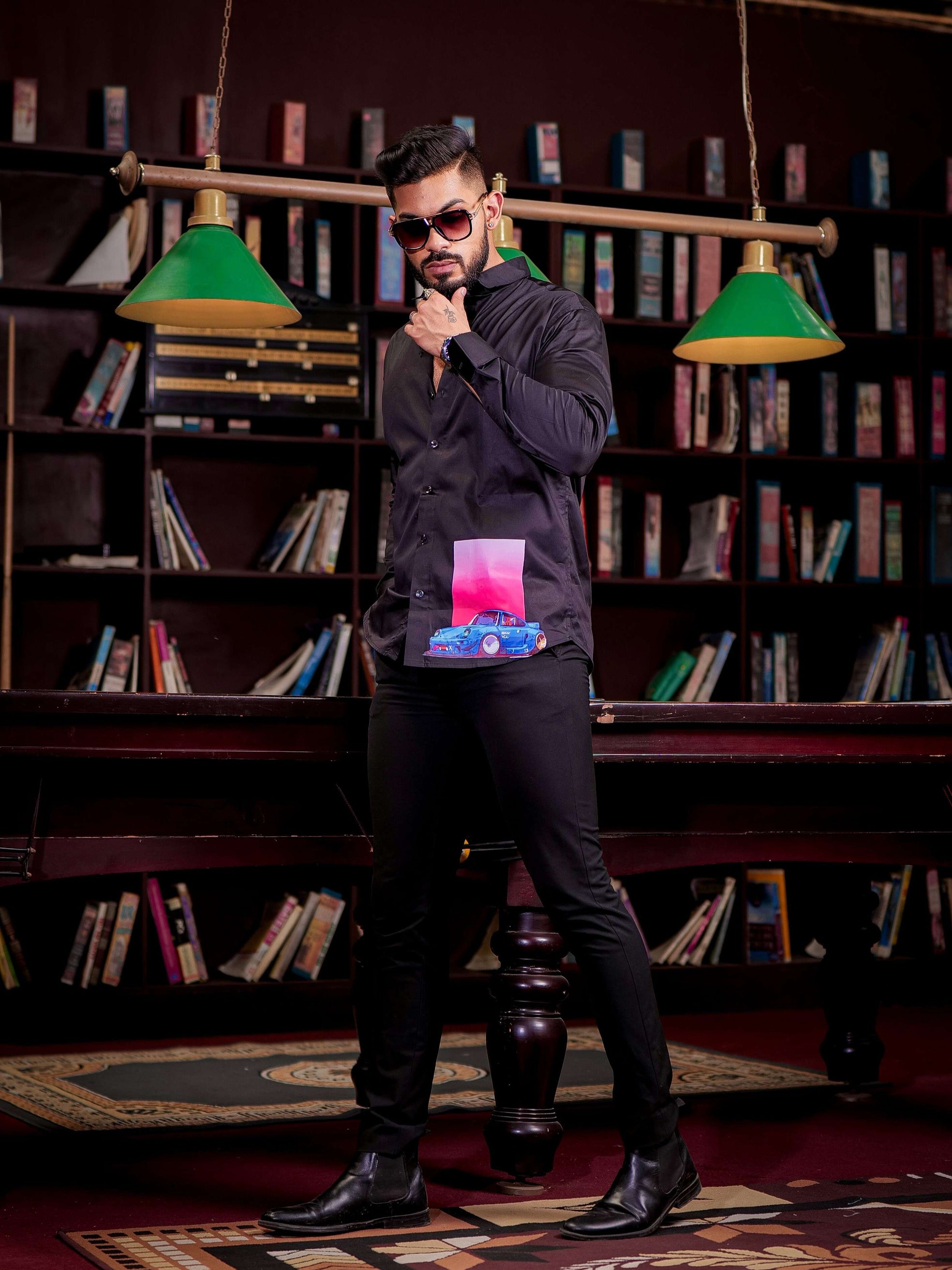 Black ClubWear Printed Satin Cotton Shirt