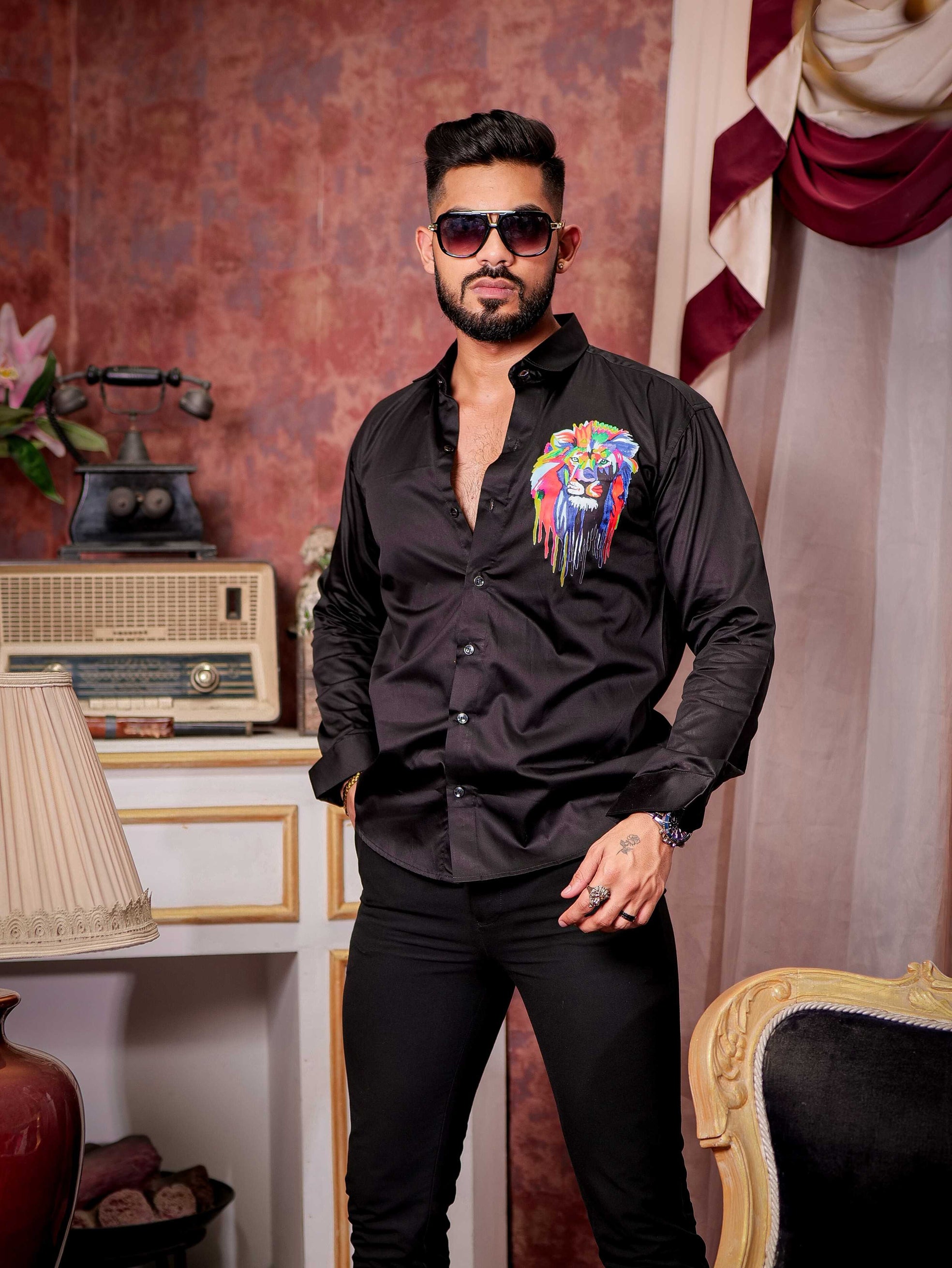 Black Club Wear Printed Satin Cotton Shirt