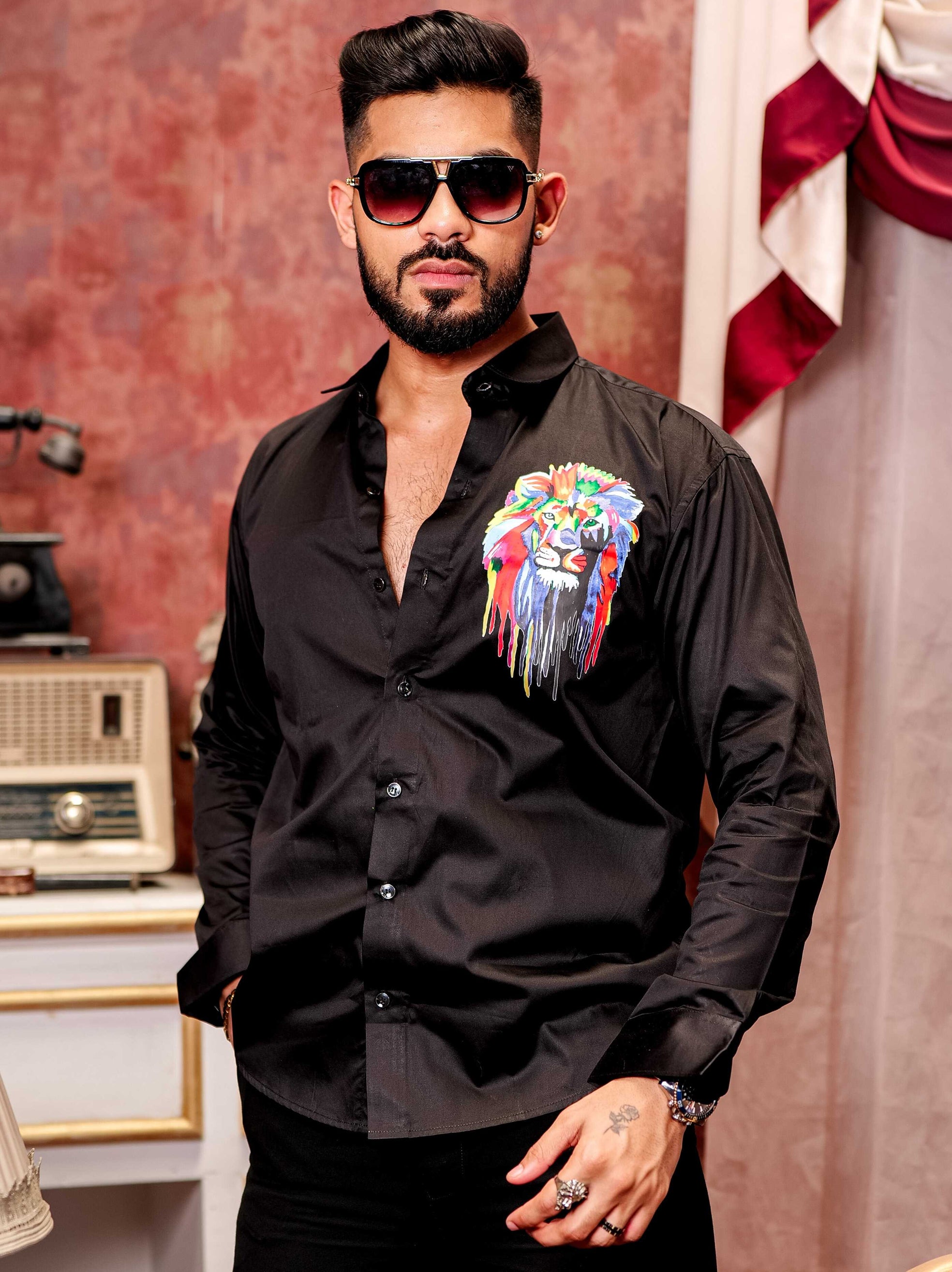 Black Club Wear Printed Satin Cotton Shirt