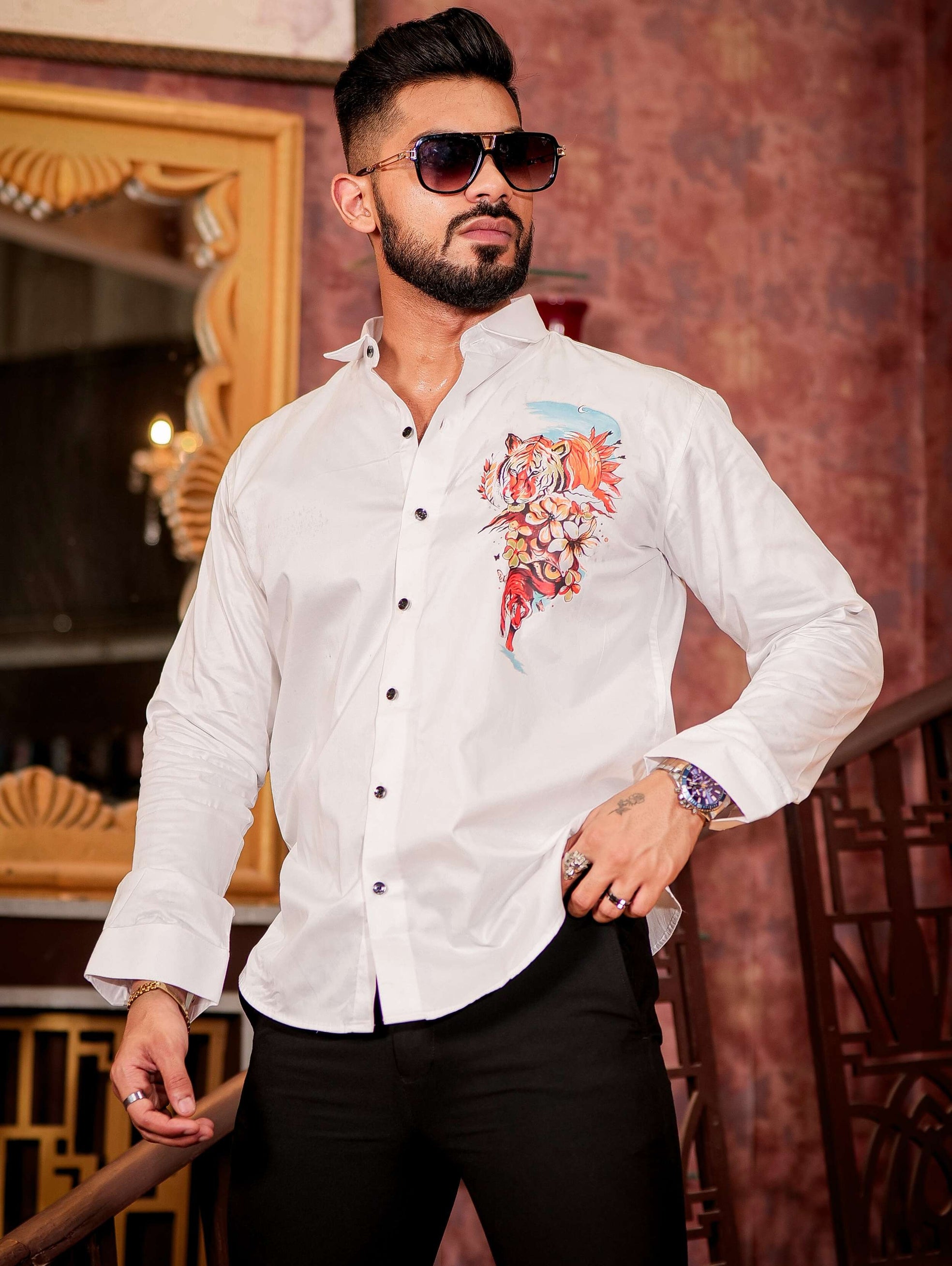 White Club Wear Printed Satin Cotton Shirt