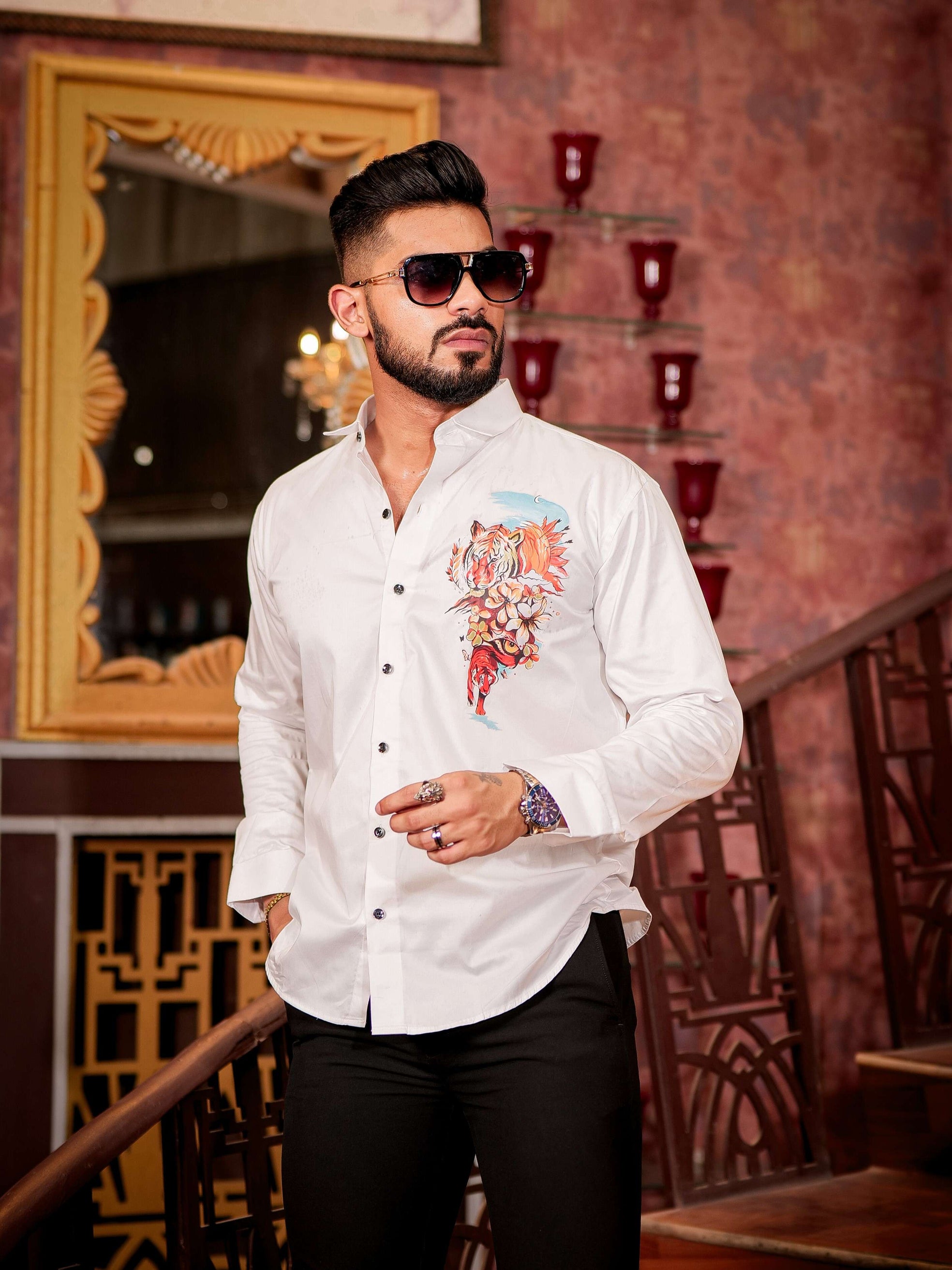 White Club Wear Printed Satin Cotton Shirt