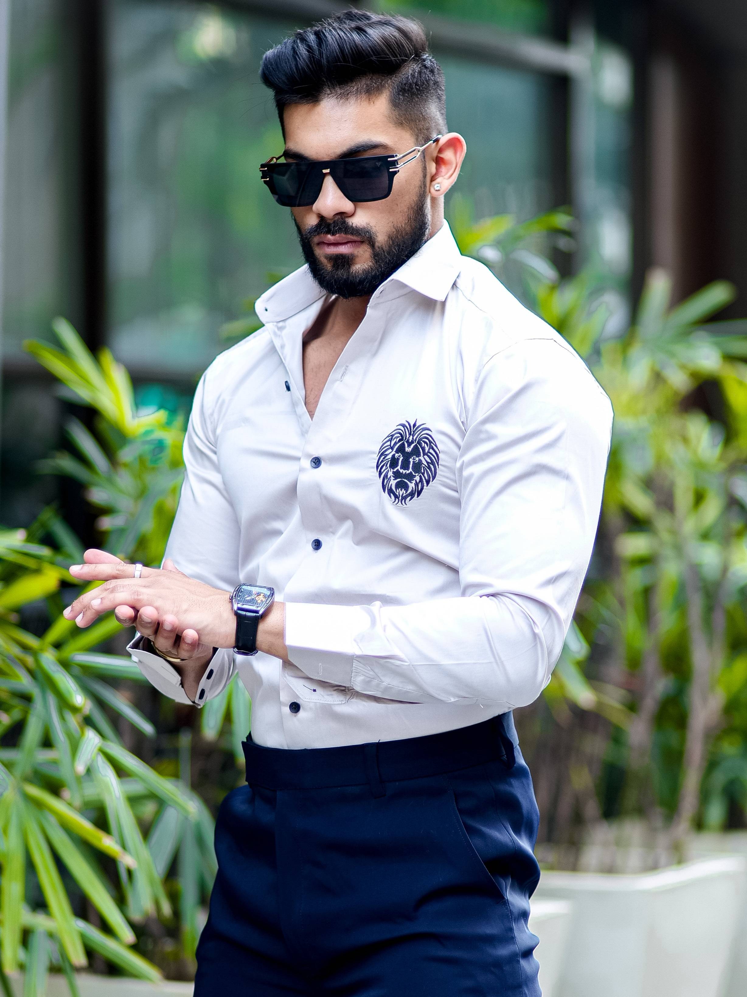 Grey Black Embroidered Mufasa Luxury Shirt For Men&#39;s