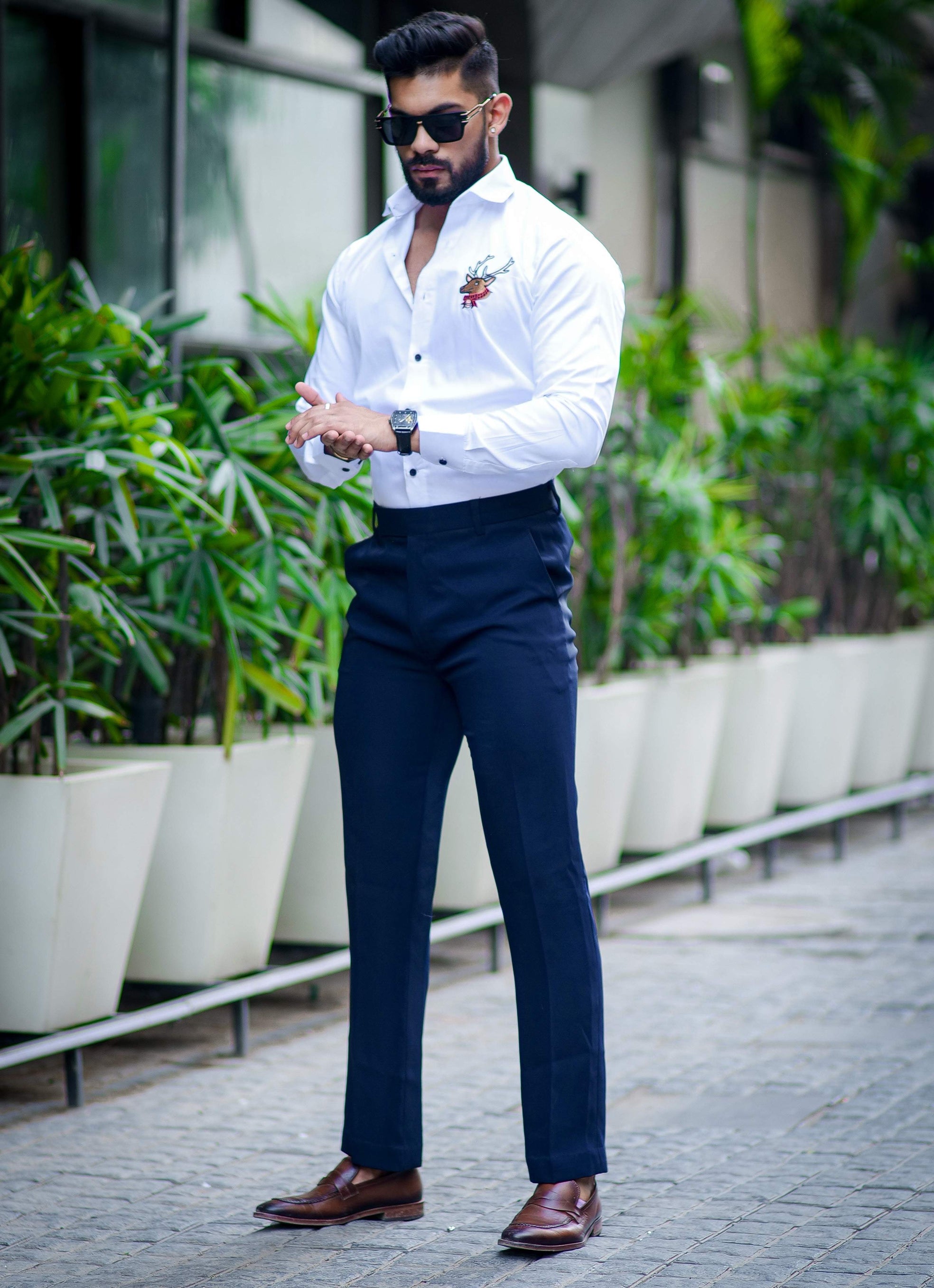 White Subtle Sheen Deer Embroidered Luxury Premium Satin Cotton Shirt