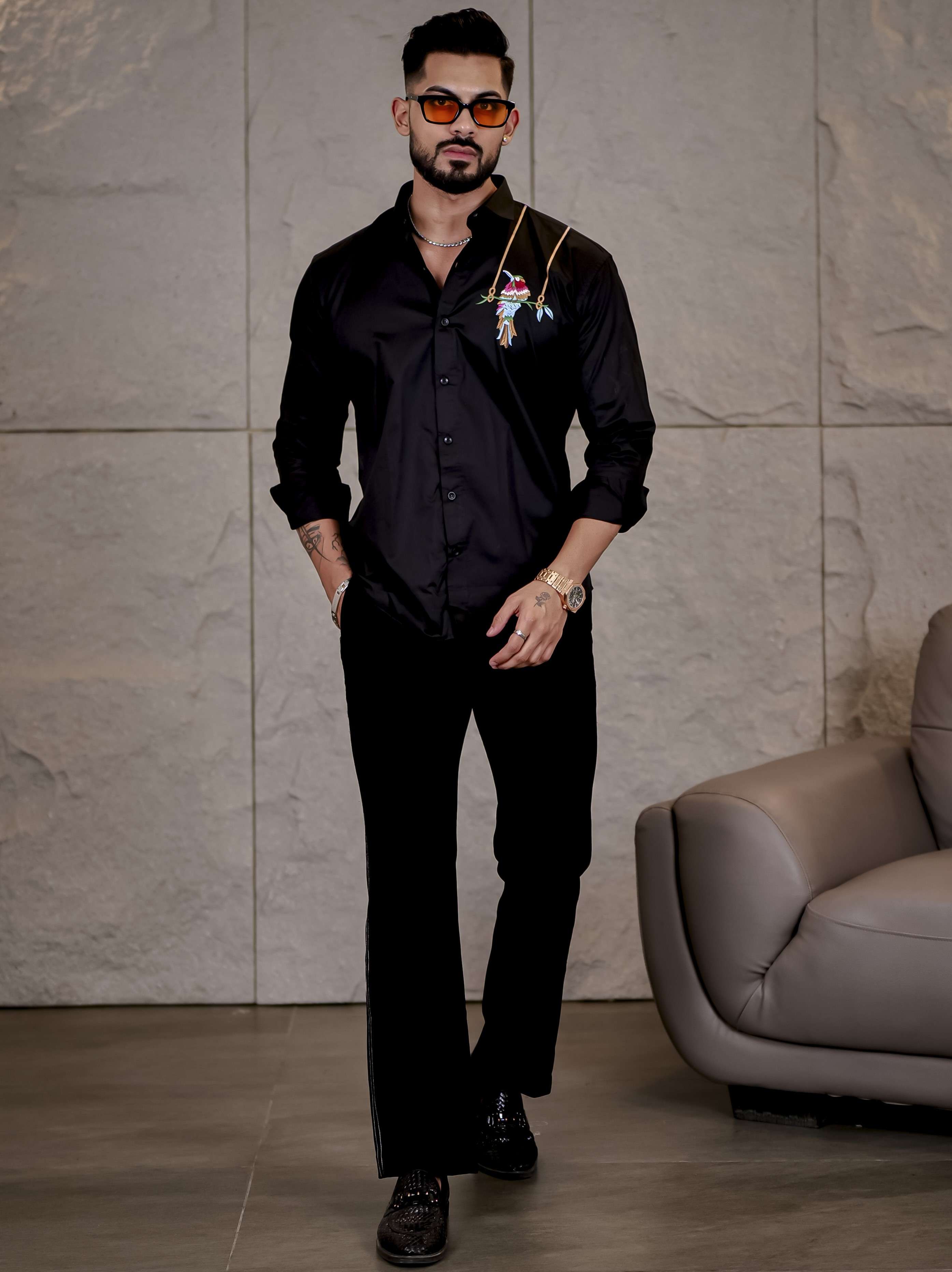 Black Bird Embroidered Premium Cotton Shirt For Men