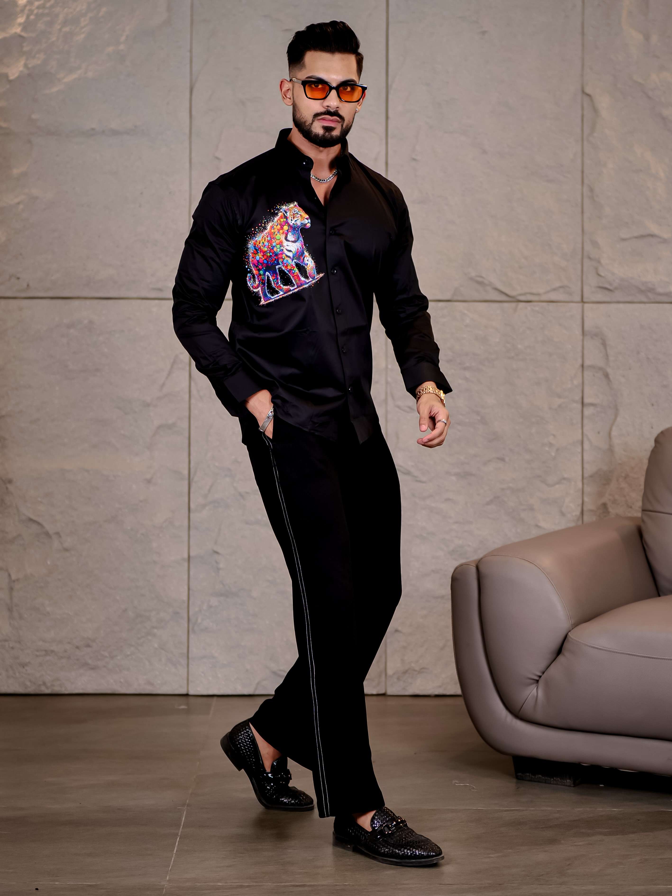 Black Club Wear Tiger Printed Satin Cotton Shirt