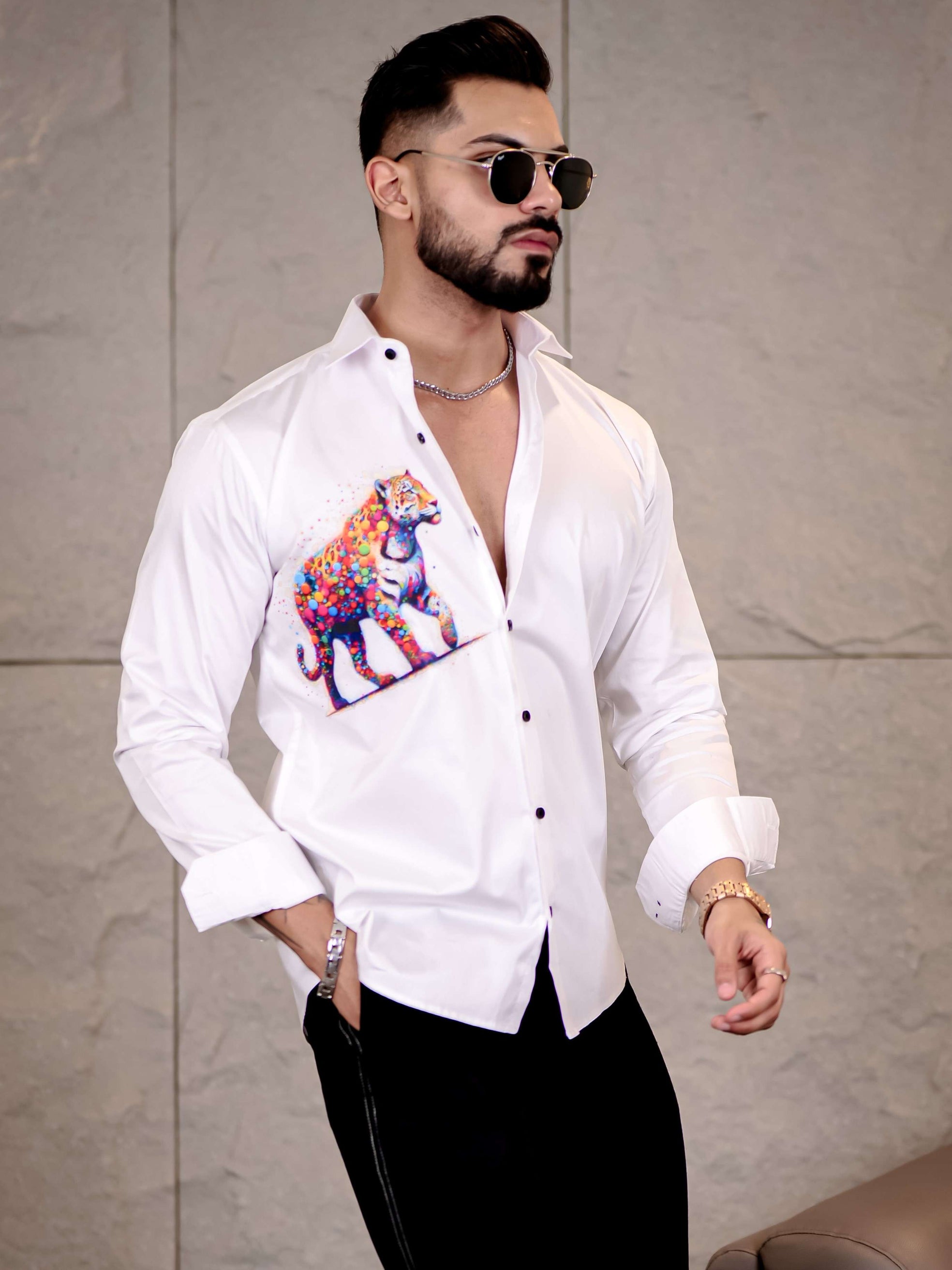 White Club Wear Tiger Printed Satin Cotton Shirt