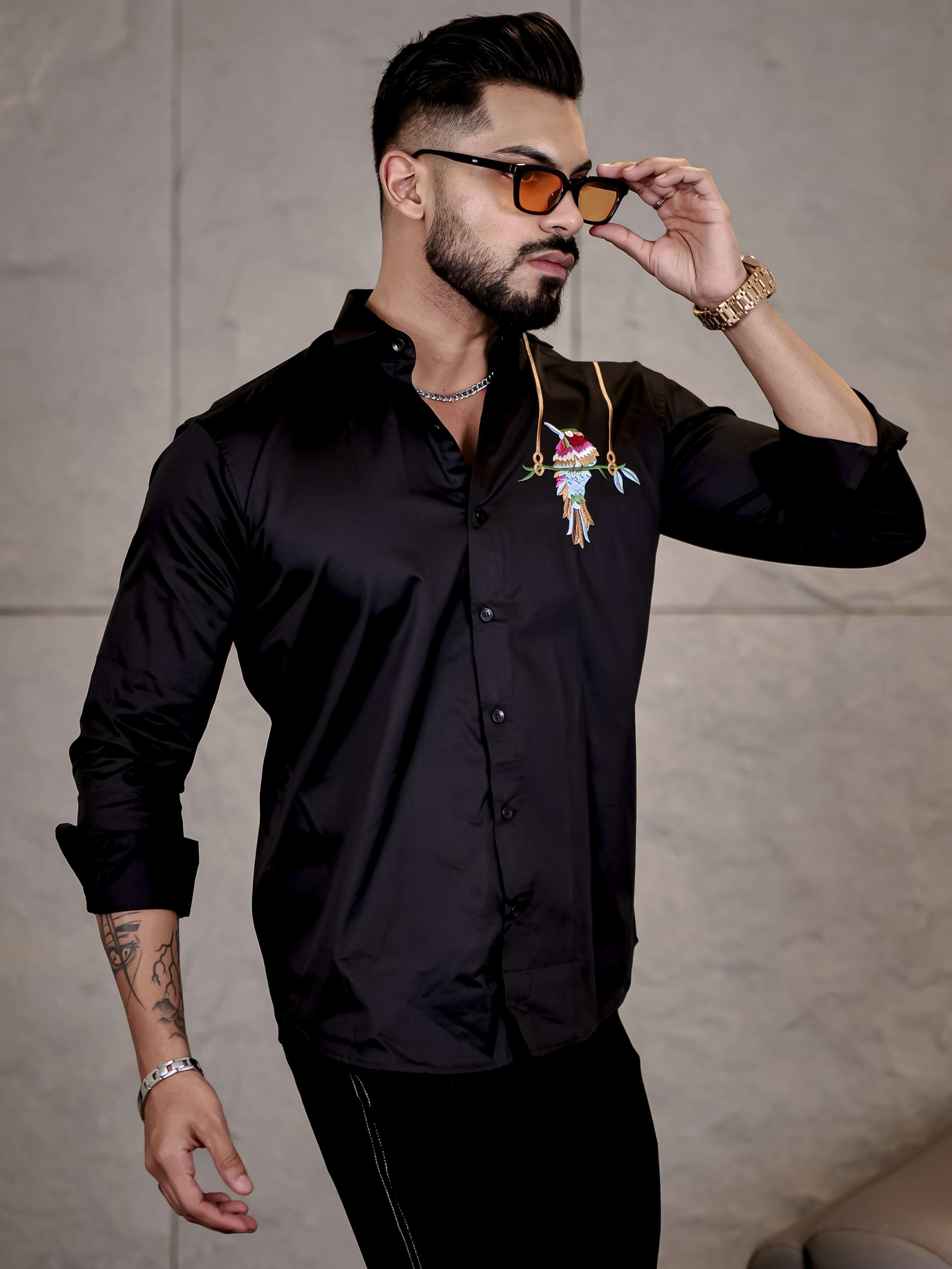 Black Bird Embroidered Premium Cotton Shirt For Men