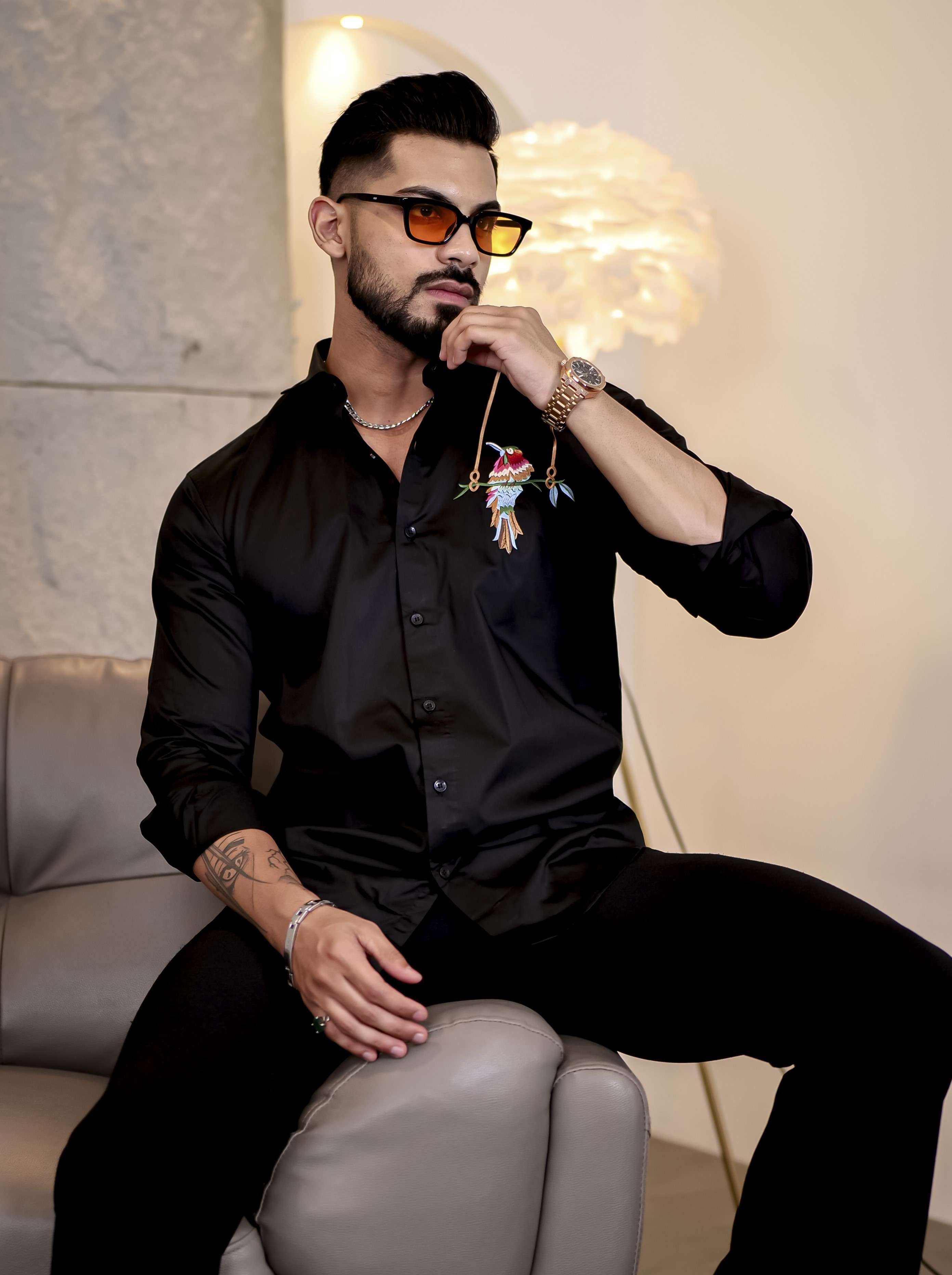 Black Bird Embroidered Premium Cotton Shirt For Men