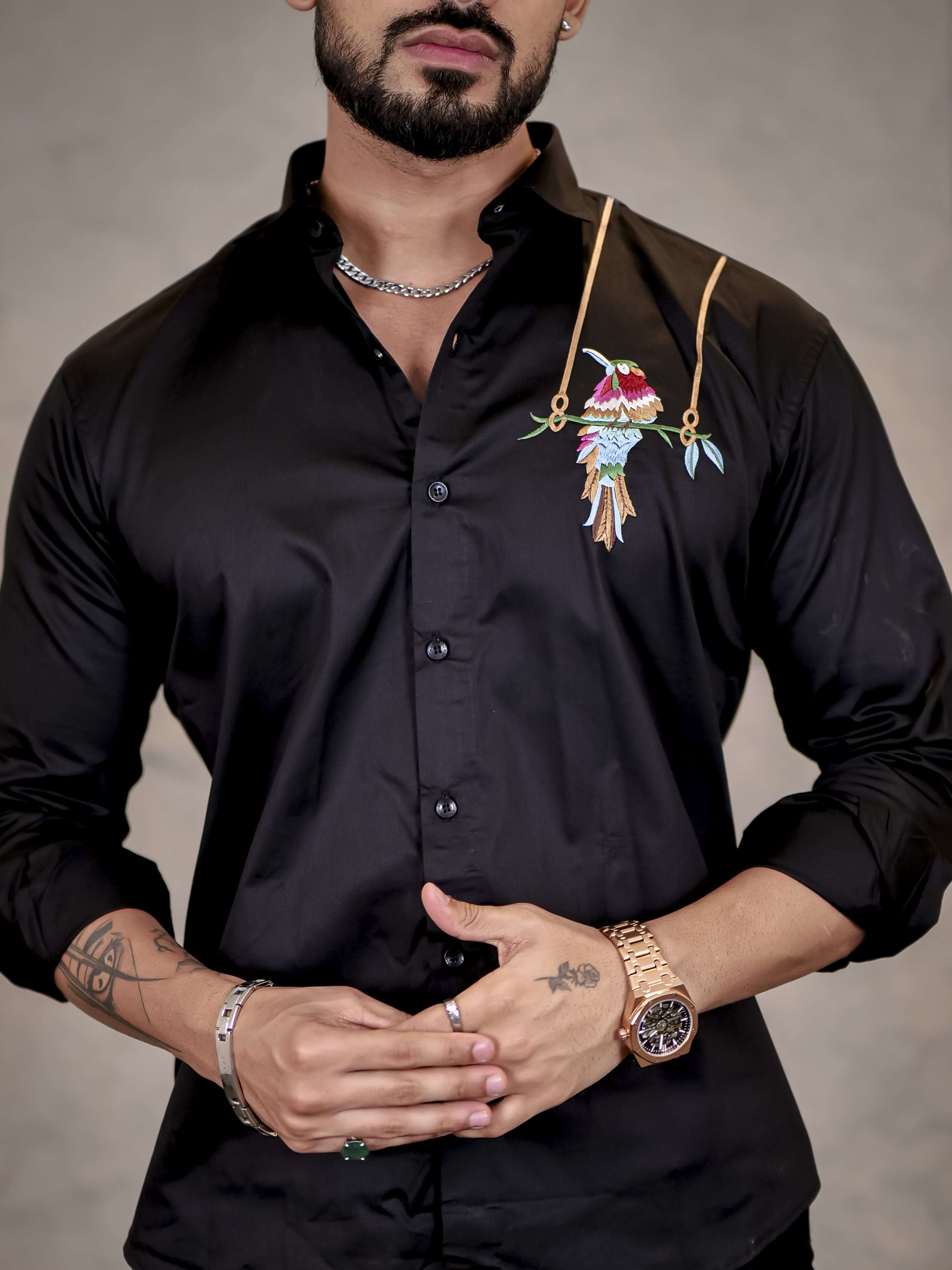 Black Bird Embroidered Premium Cotton Shirt For Men