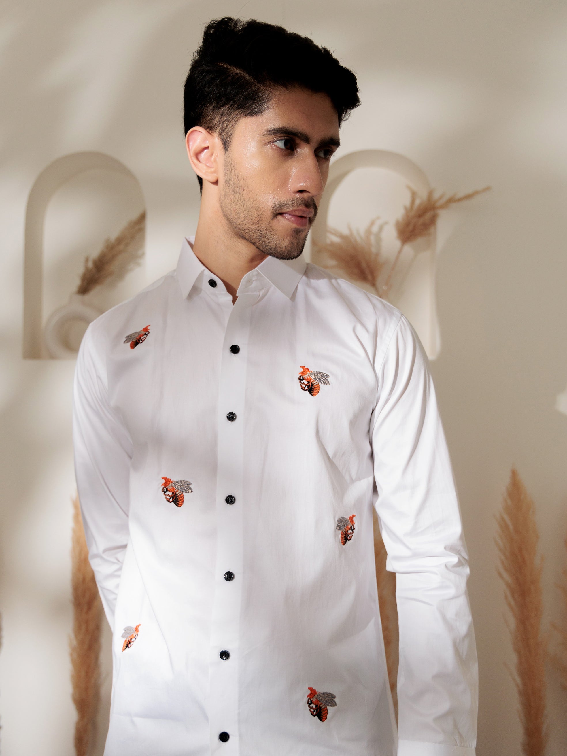 FOOMER WHITE EMBROIDERED DESIGNER WEAR SATIN COTTON SHIRT FOR MEN