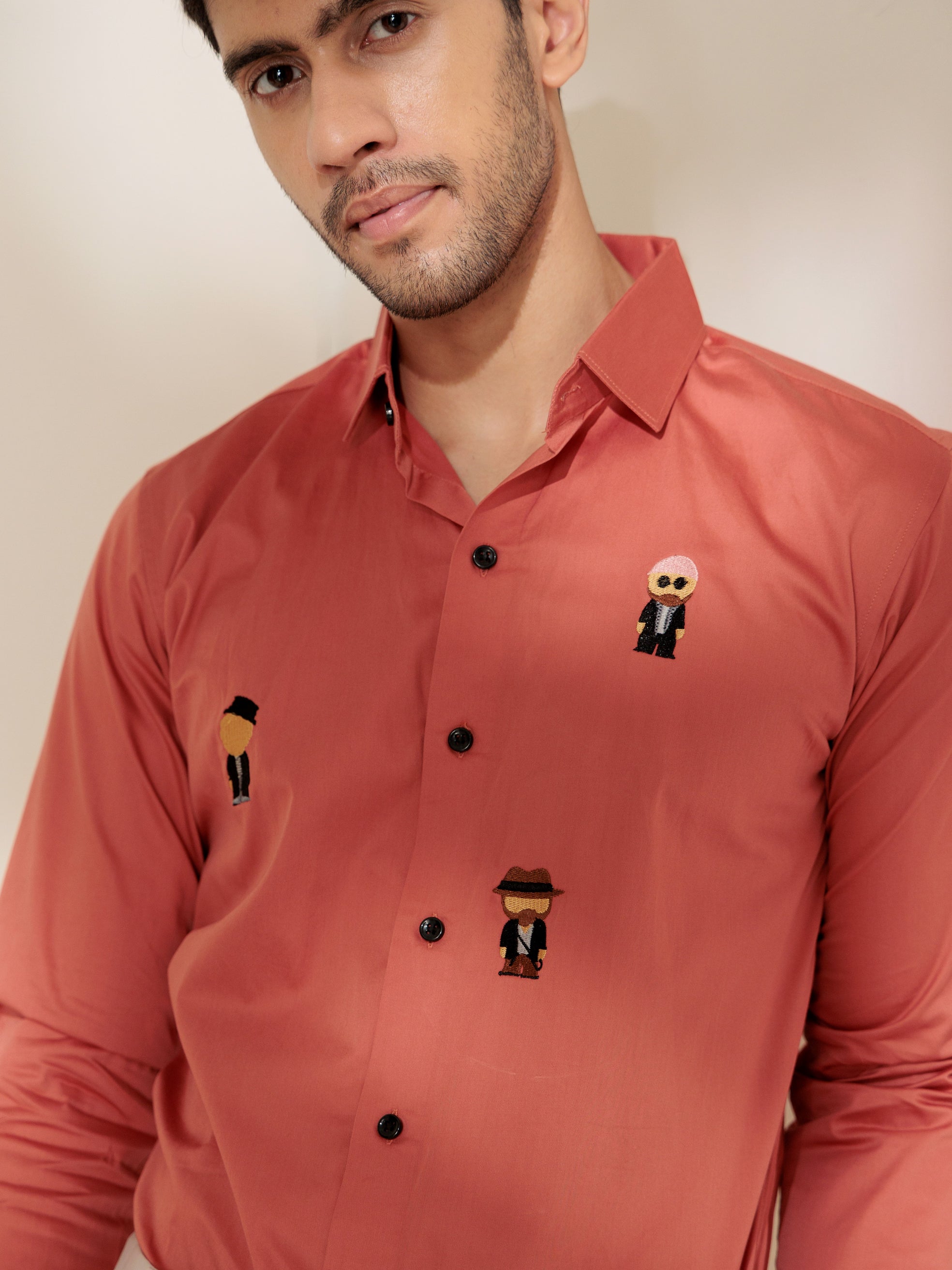 FOOMER ORANGE EMBROIDERED DESIGNER SATIN COTTON SHIRT