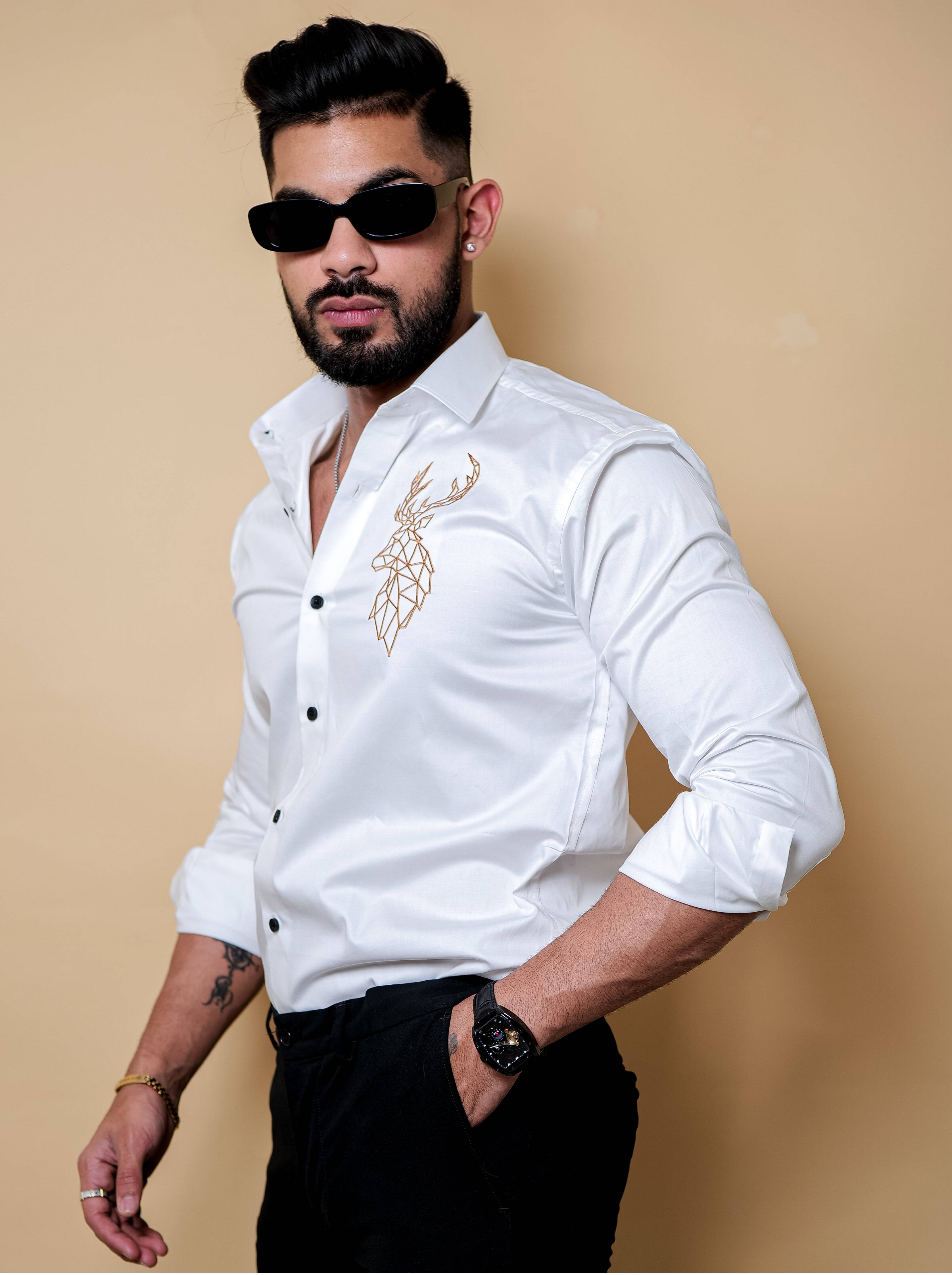 Deer  Embroidered White Luxury Cotton Shirt