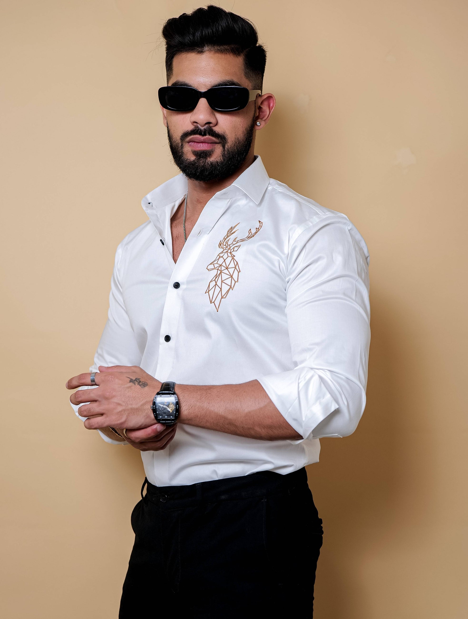 Deer Embroidered White Luxury Cotton Shirt