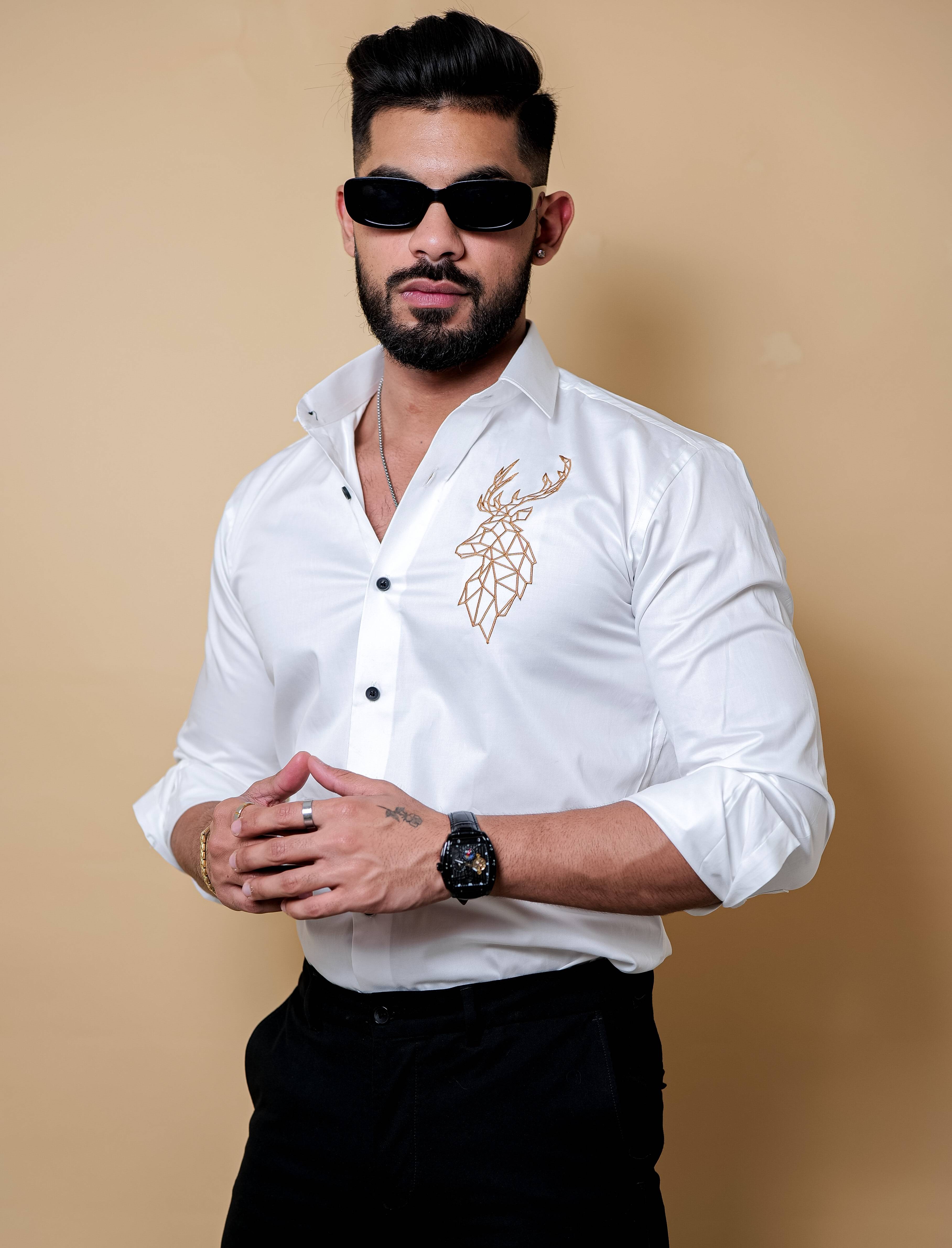 Deer  Embroidered White Luxury Cotton Shirt