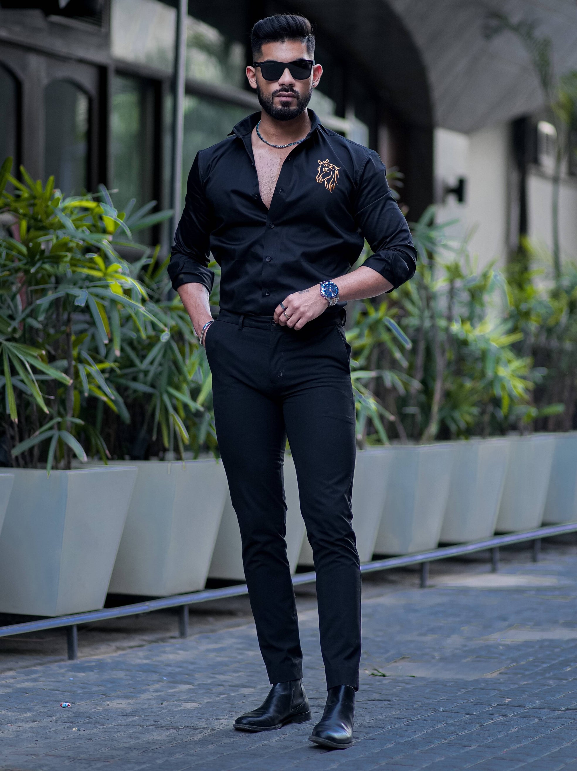 Horse Embroidered Black Luxury Cotton Shirt For Men