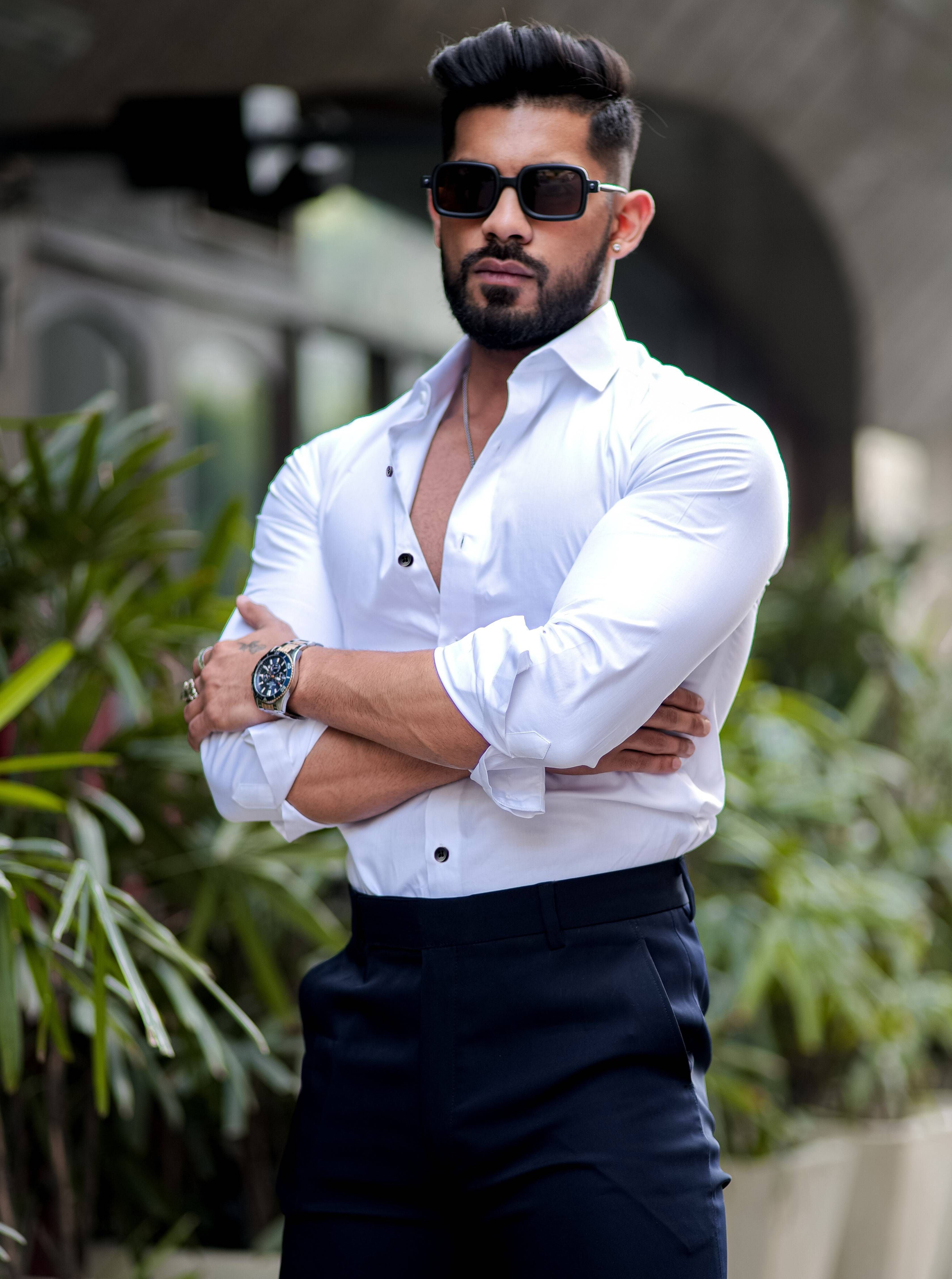Formy White Smoke Luxury Black Button Satin Shirt For Men&#39;s