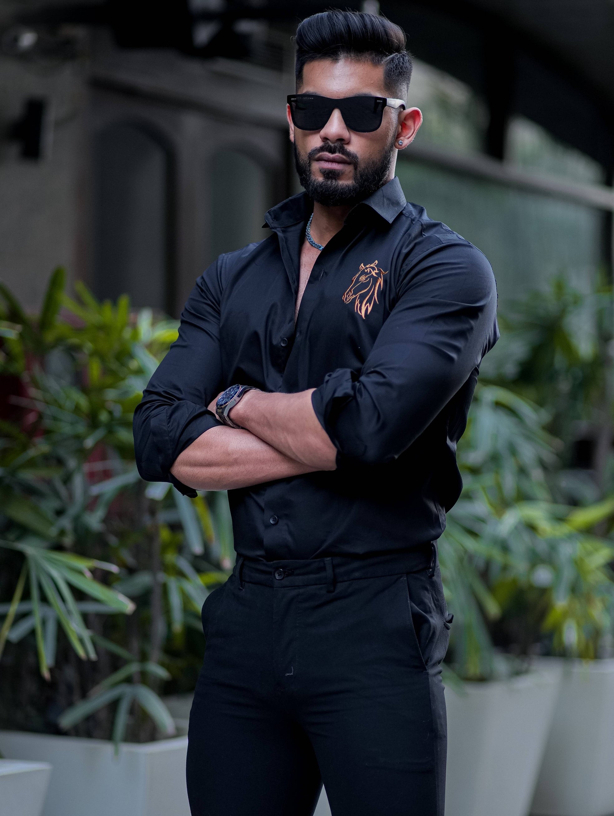 Horse Embroidered Black Luxury Cotton Shirt For Men