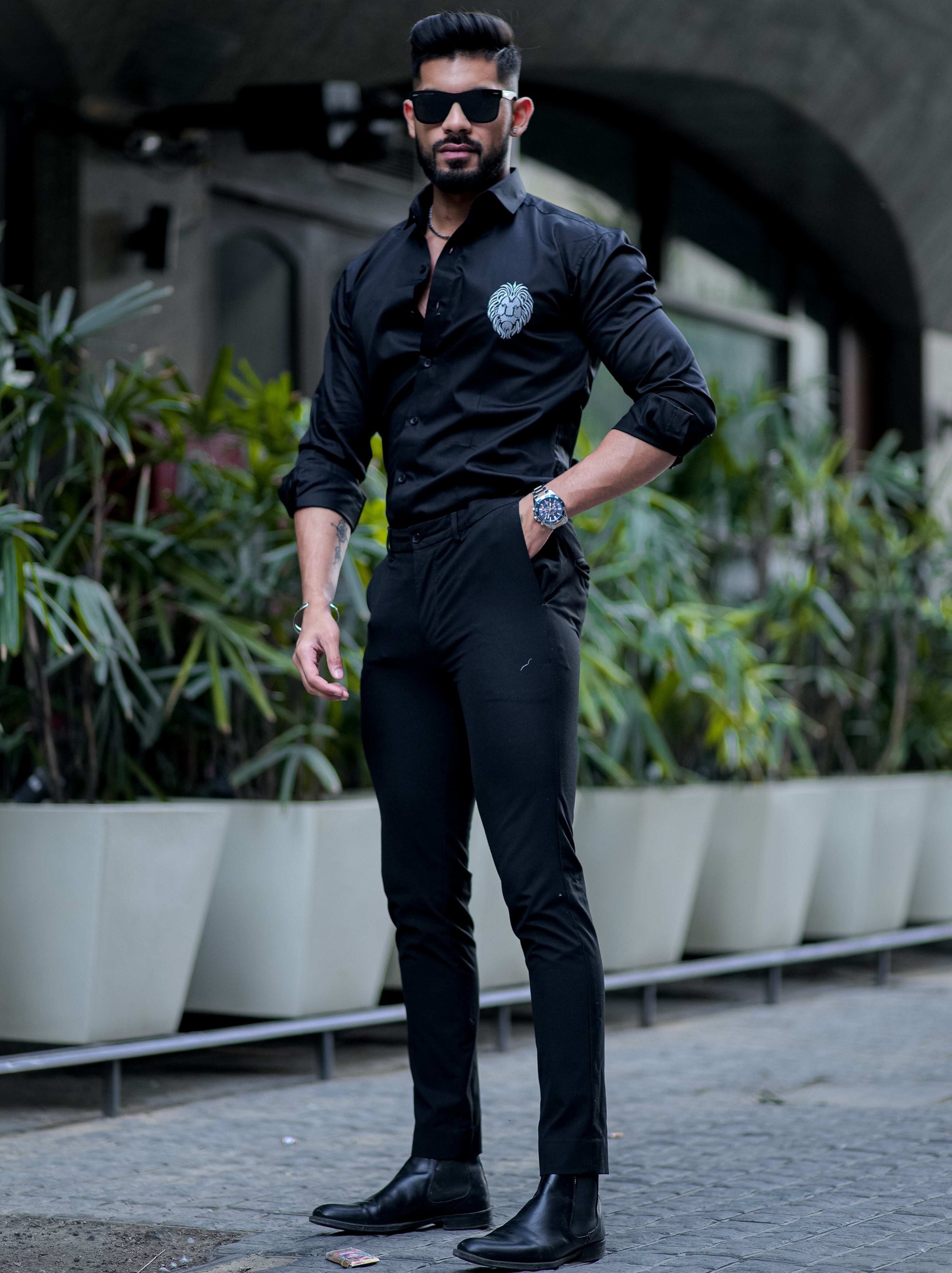 Mufasa Embroidered Grey Black Luxury Shirt For Men