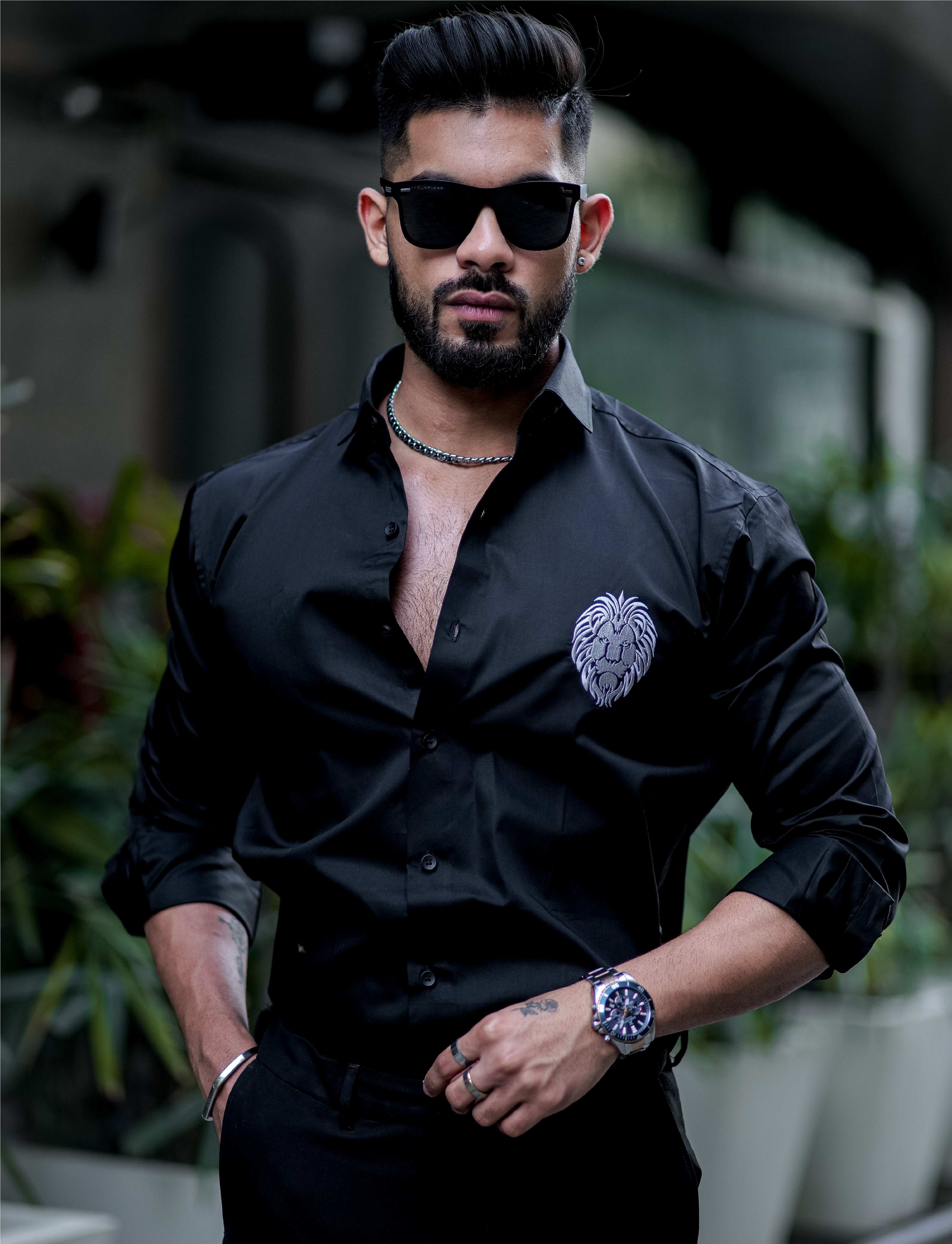 Mufasa Embroidered Grey Black Luxury Shirt For Men