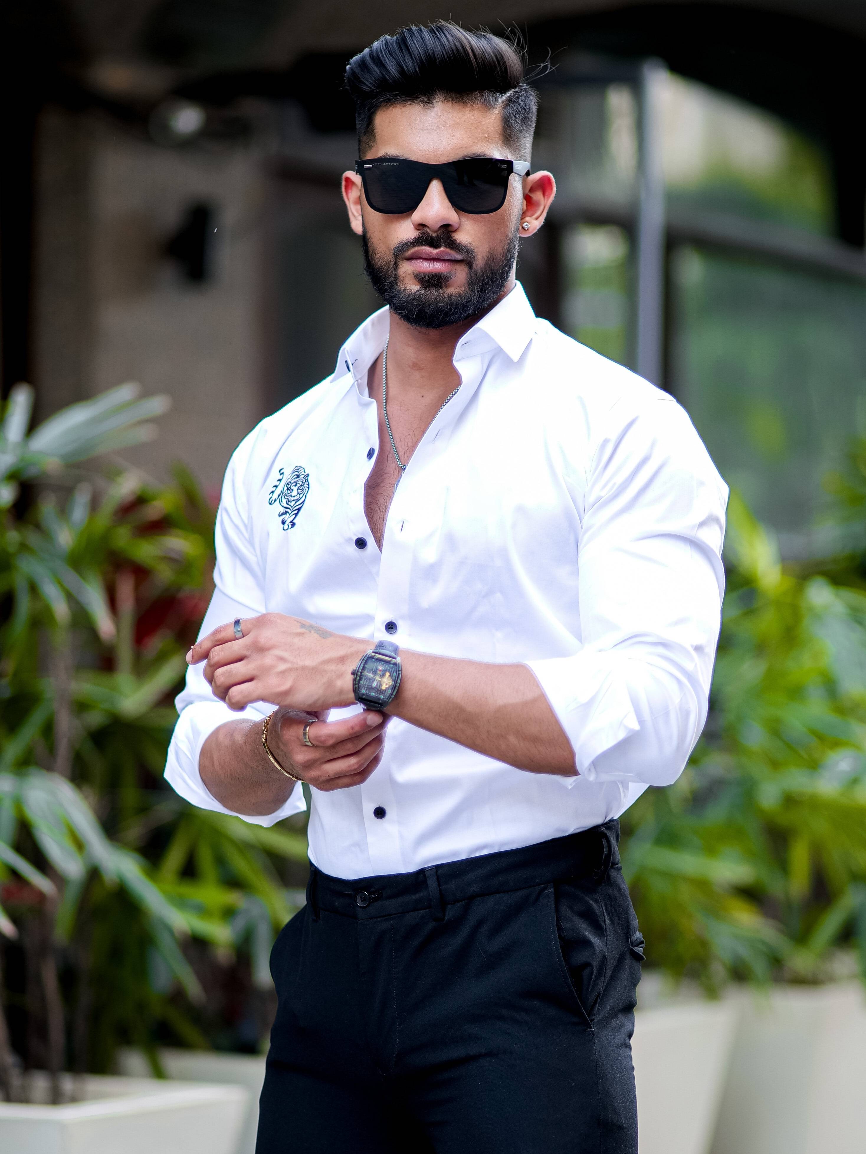 Tiger Embroidered White Premium Cotton Shirt