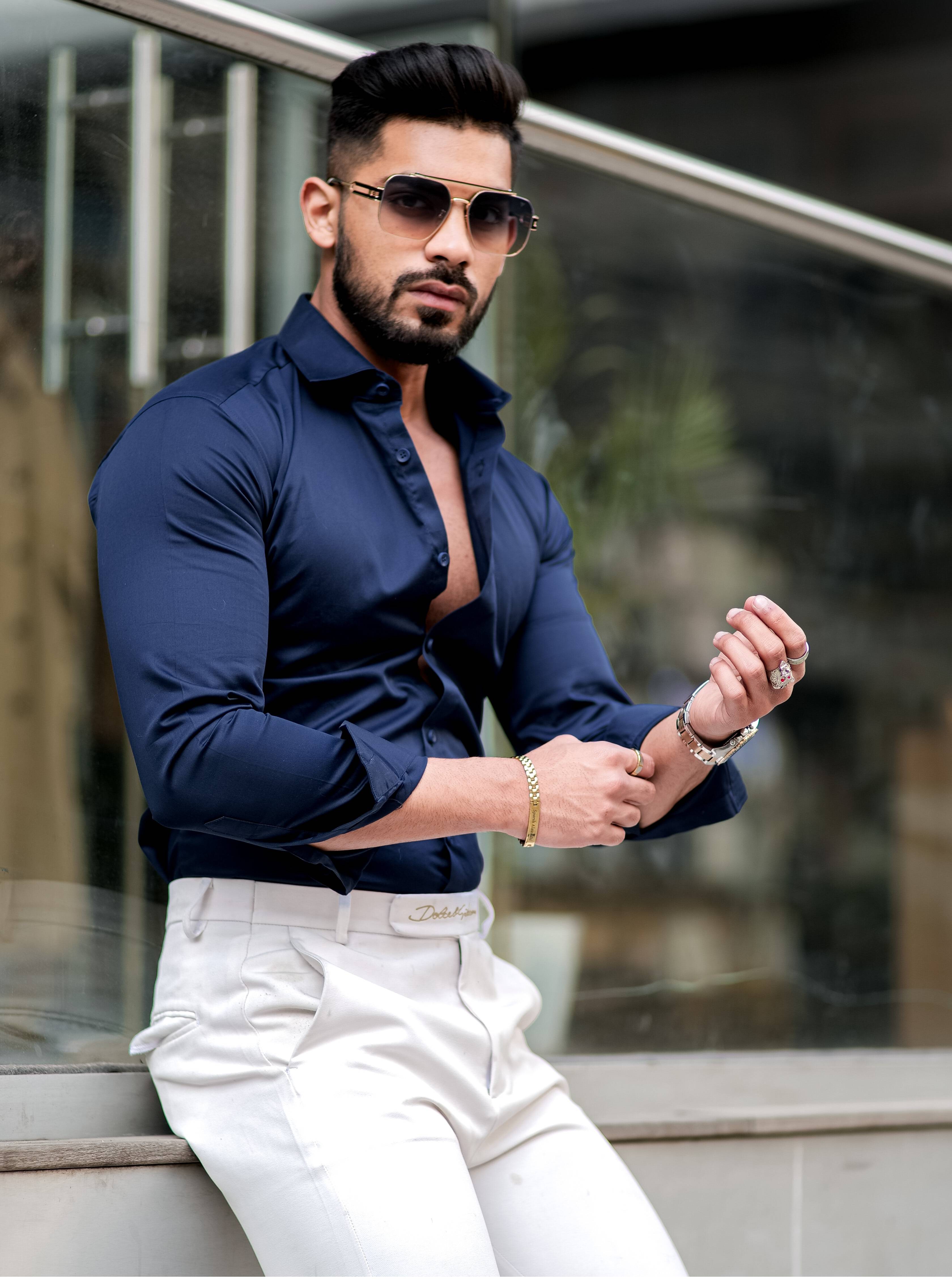 Formy Navy Luxury Satin Cotton Shirt For Men&#39;s