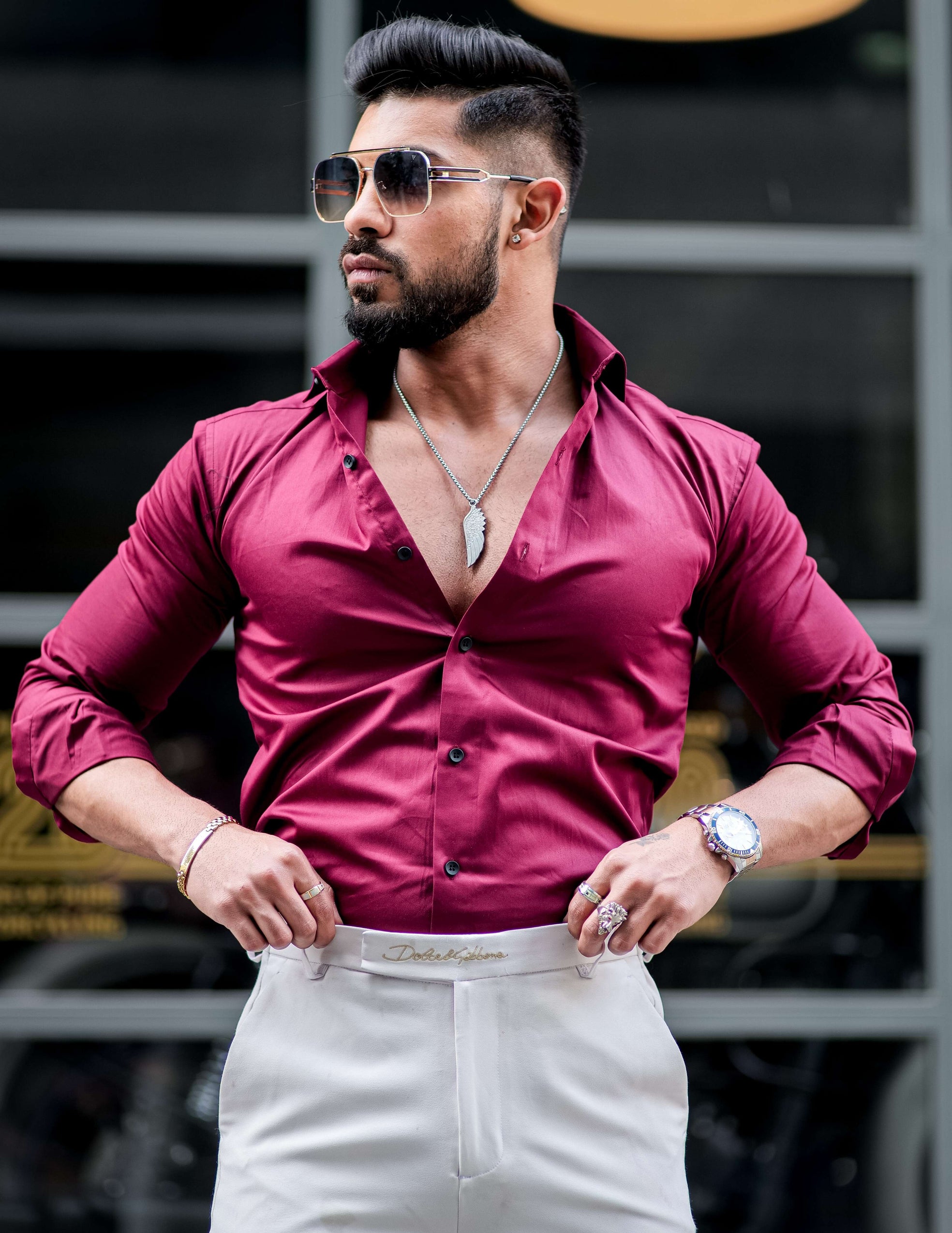 Formy Wine Berry Regular Fit Luxury Satin Cotton Shirt For Men's