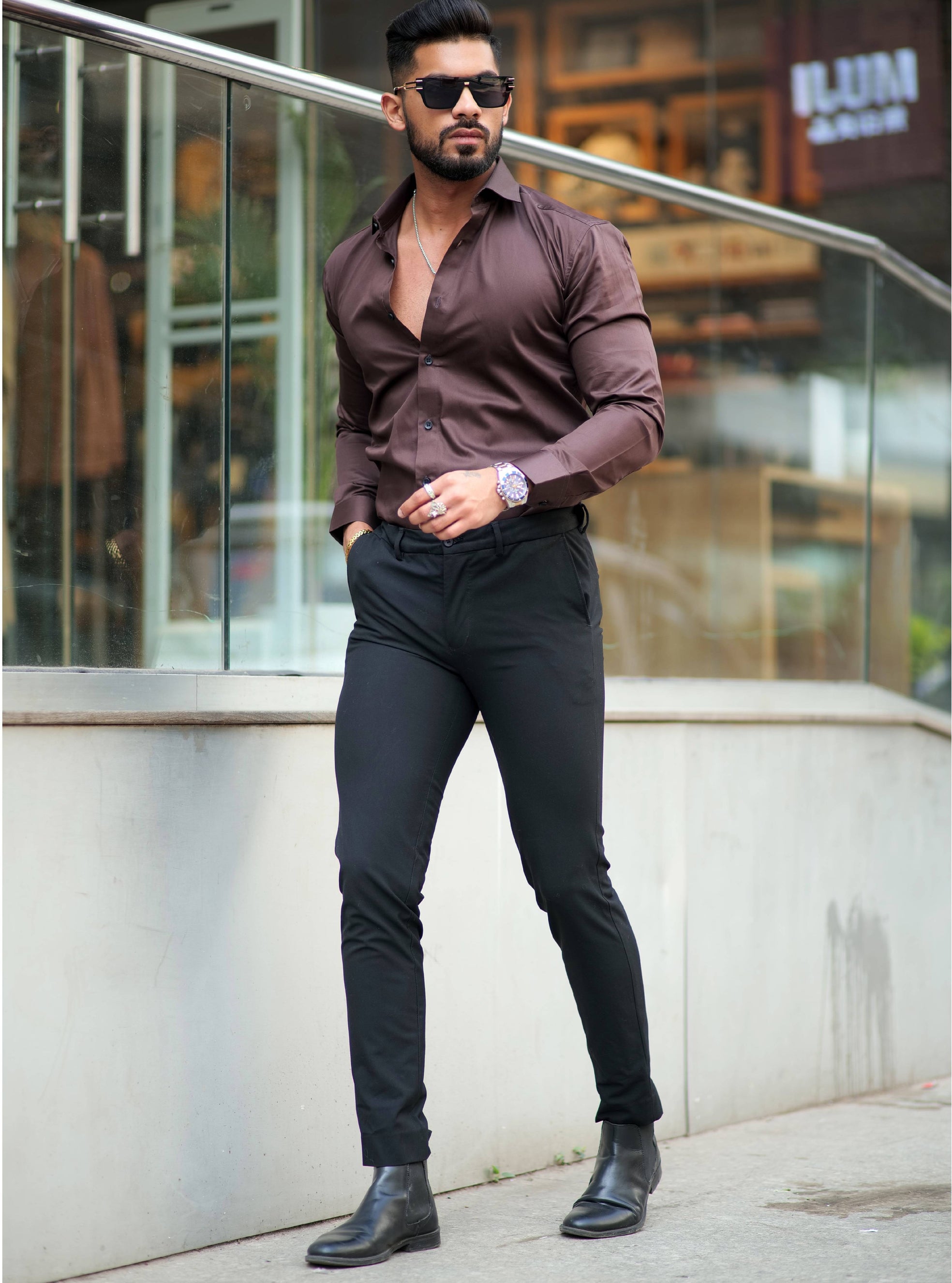 Formy Woody Brown Luxury Formal Satin Cotton Shirt For Men's