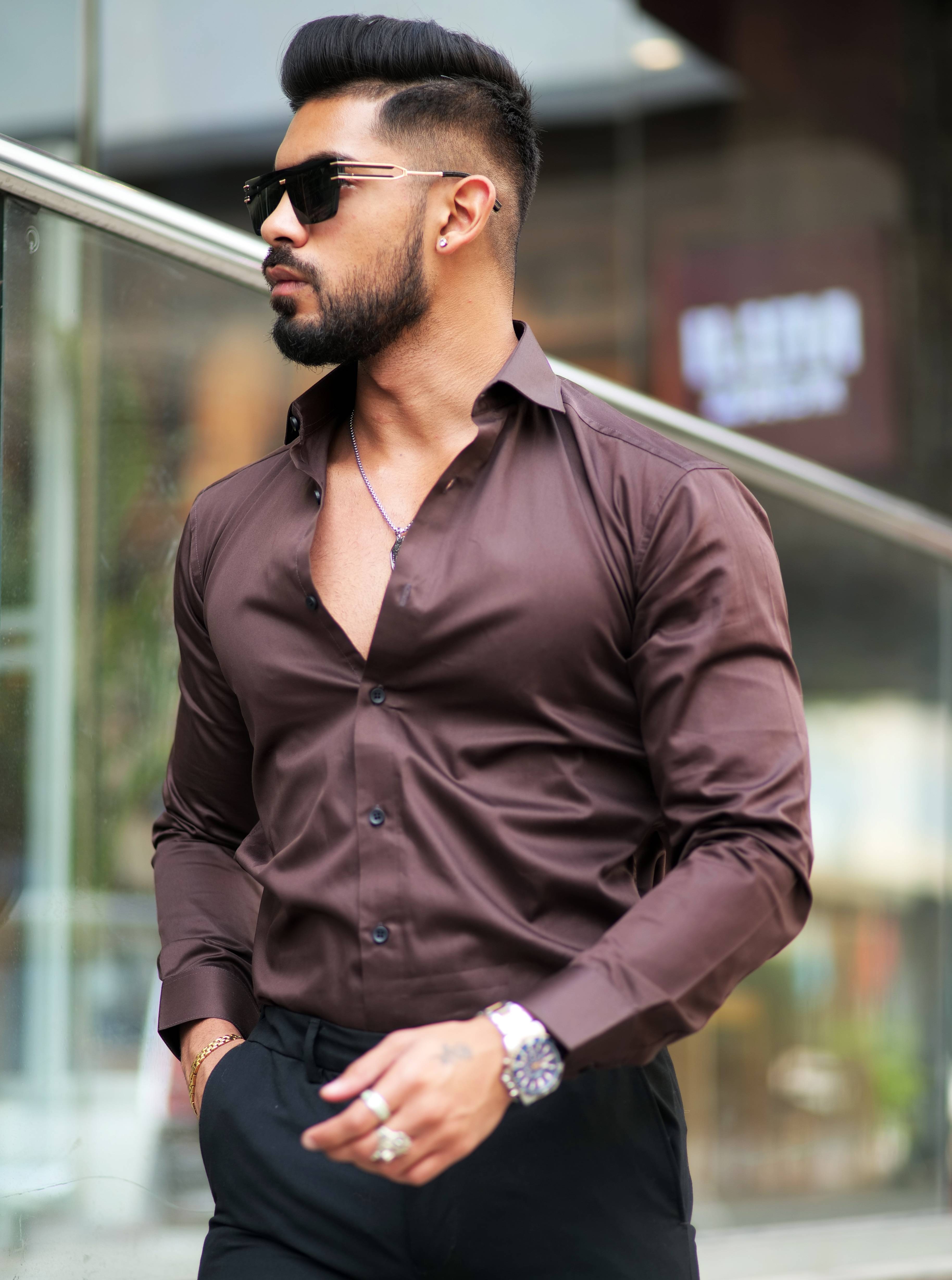 Formy Woody Brown Luxury Formal Satin Cotton Shirt For Men&#39;s