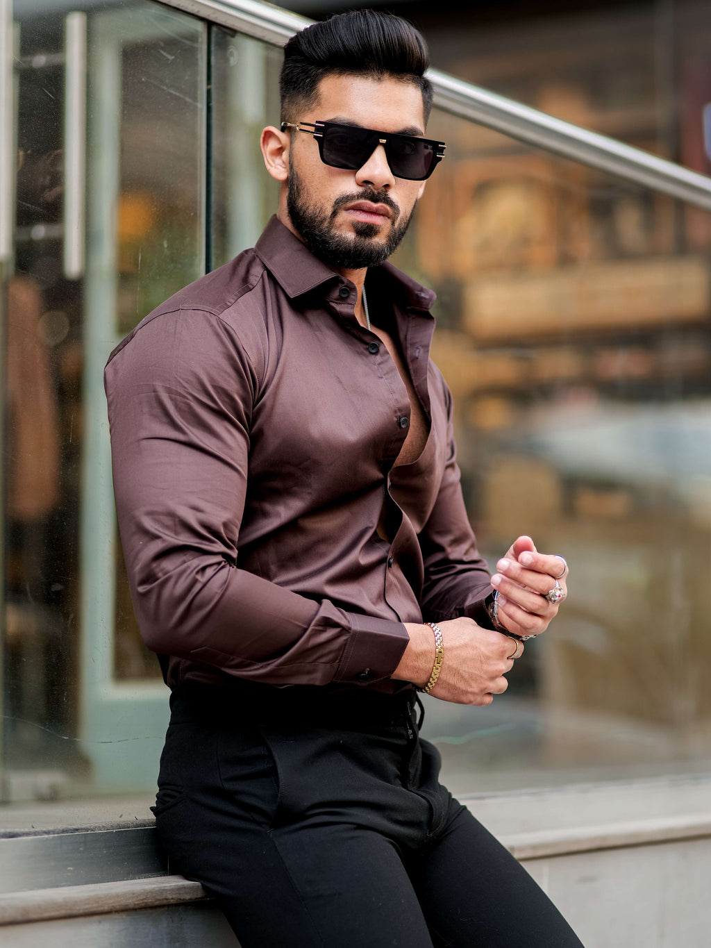 FORMY WOODY BROWN LUXURY FORMAL SATIN COTTON SHIRT FOR MEN'S - Image 3