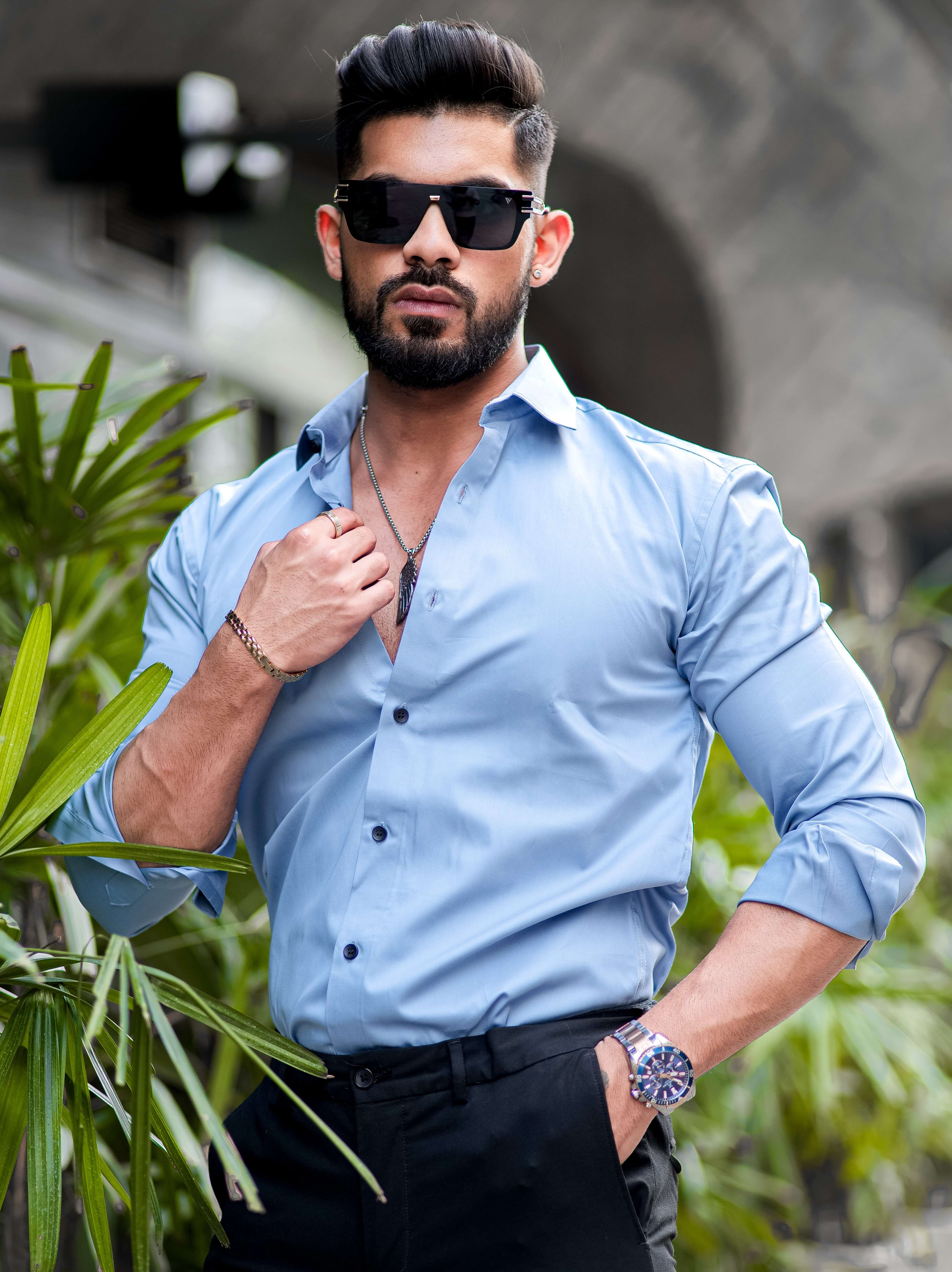 Formy Cloudy Blue Luxury Satin Cotton Shirt For Men&#39;s